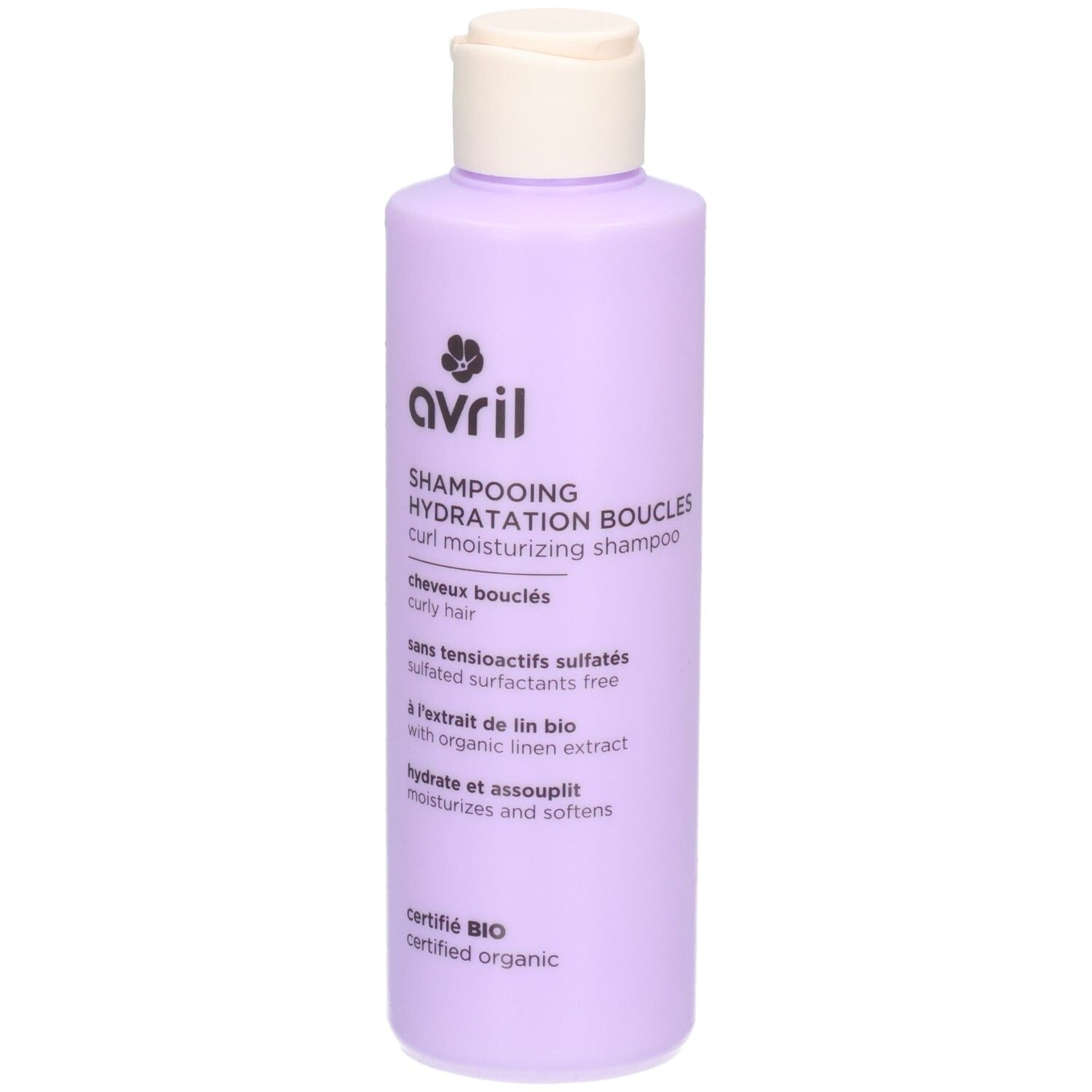 Bouteille lavande avec bouchon blanc. Shampooing Hydratation Boucles Avril.