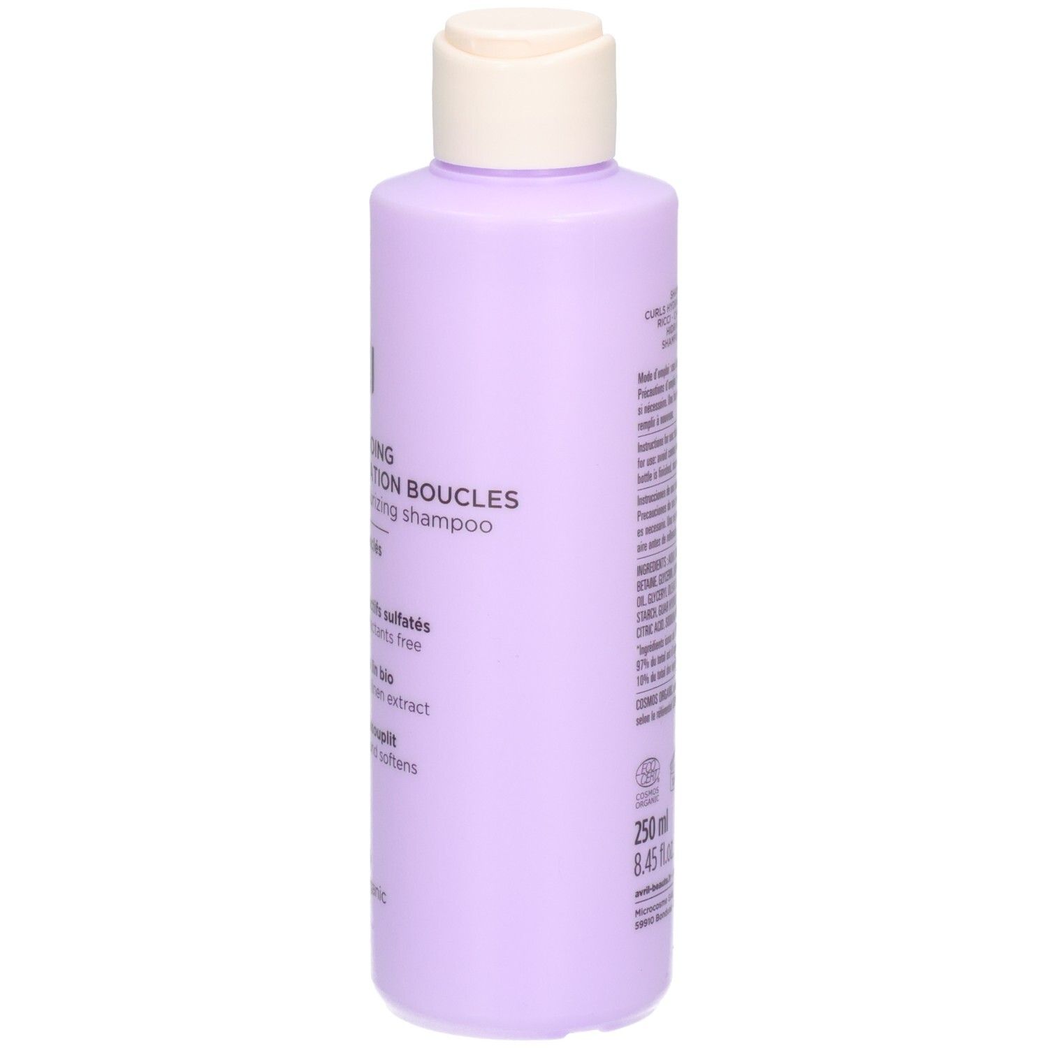 Vue latérale d'une bouteille lavande avec étiquette et indication de volume 250ml.