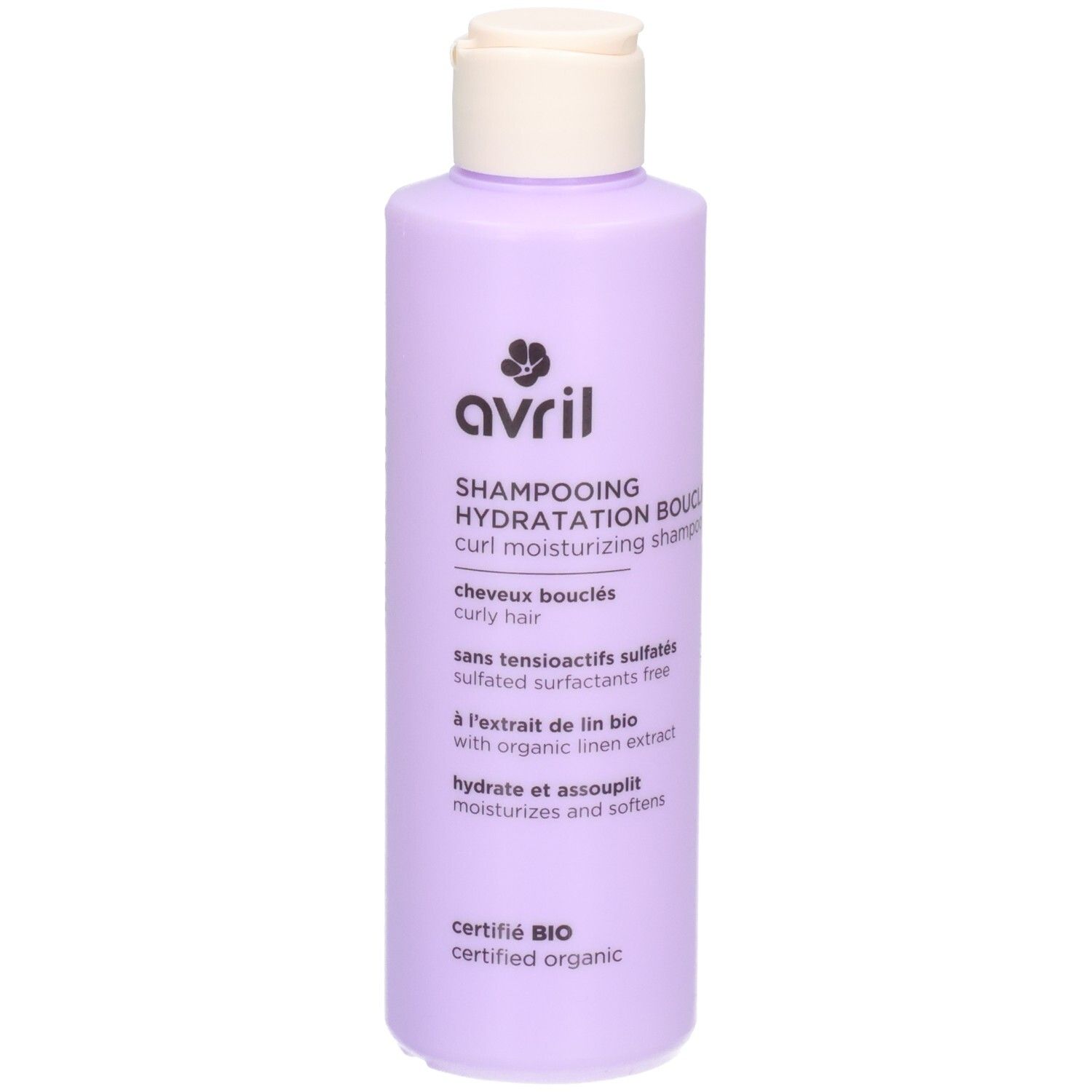 Bouteille lavande avec bouchon blanc. Shampooing Hydratation Boucles Avril.