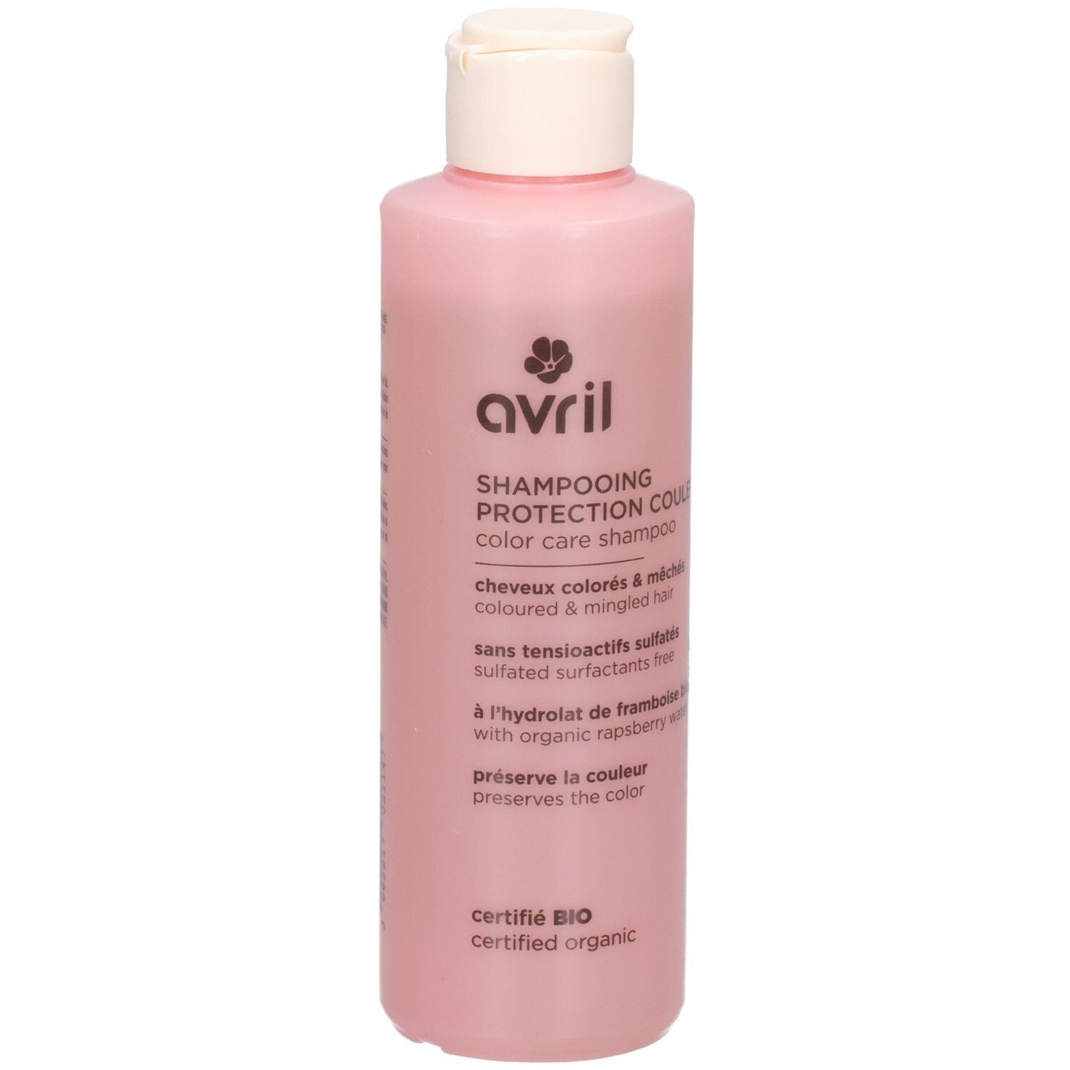 Shampoing Protection Couleur Avril dans une bouteille rose avec un bouchon blanc. Pour cheveux colorés et méchés.