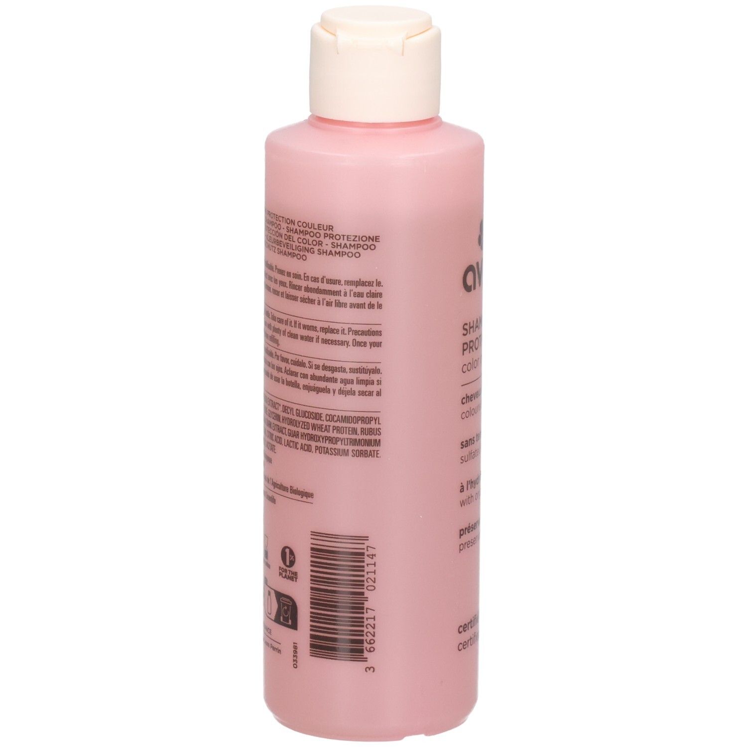 Arrière de la bouteille rose Shampoing Protection Couleur Avril avec informations produit et code-barres.