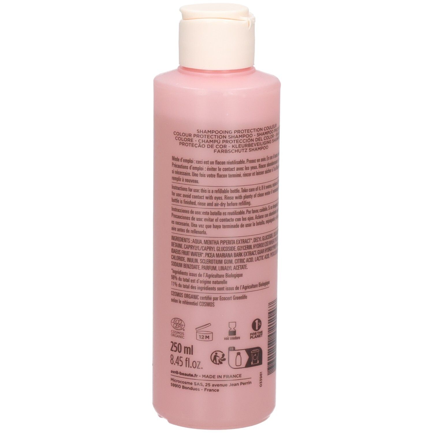 Arrière de la bouteille rose Shampoing Protection Couleur Avril avec ingrédients, volume (250ml) et label Bio.