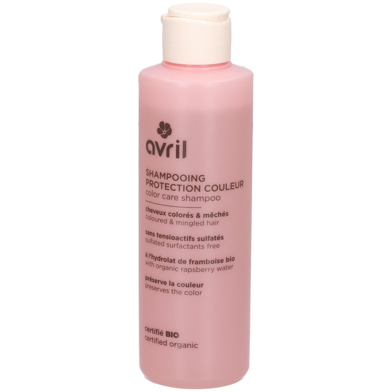Shampoing Protection Couleur Avril dans une bouteille rose avec un bouchon blanc. Pour cheveux colorés et méchés.
