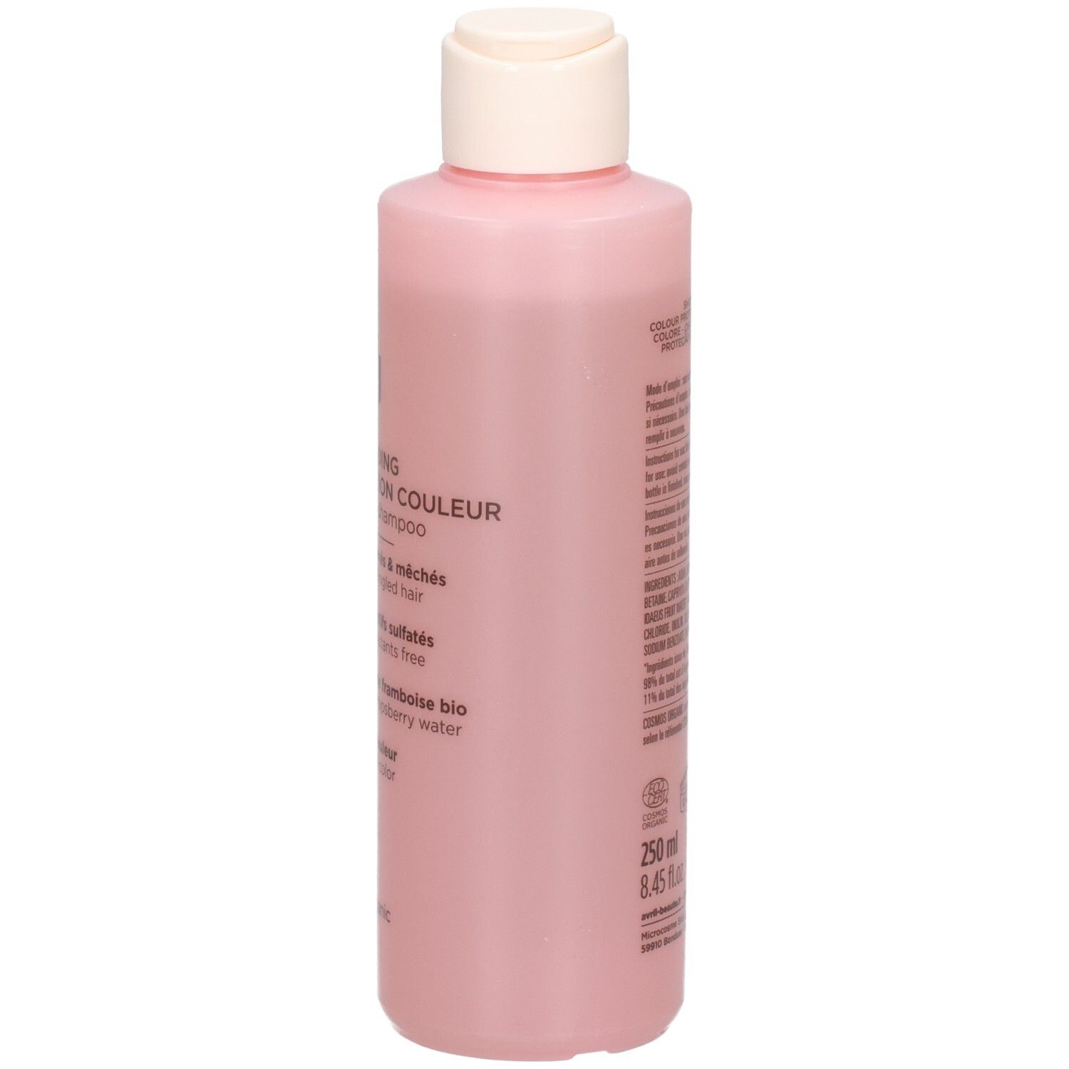 Vue latérale de la bouteille rose Shampoing Protection Couleur Avril avec informations produit et volume (250ml).