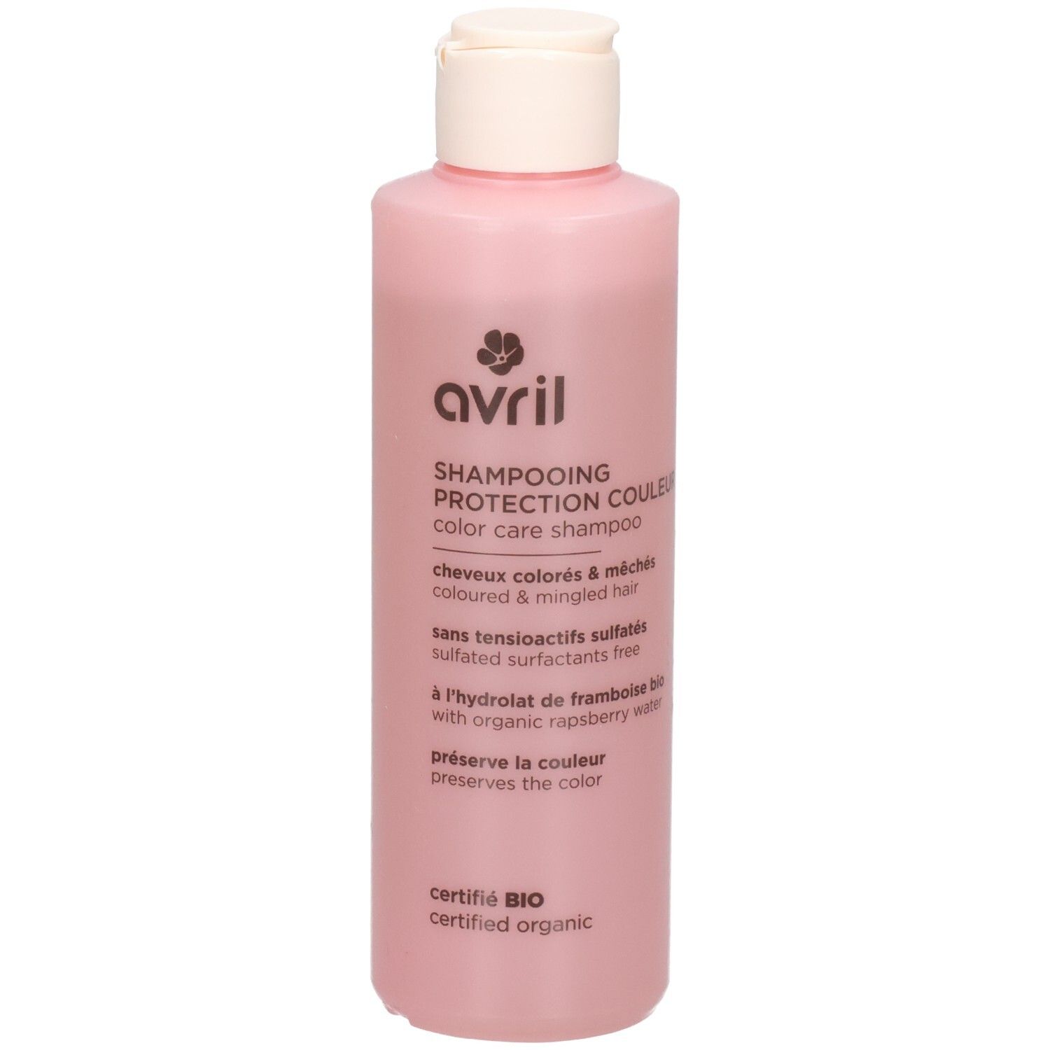 Shampoing Protection Couleur Avril dans une bouteille rose avec un bouchon blanc. Pour cheveux colorés et méchés.