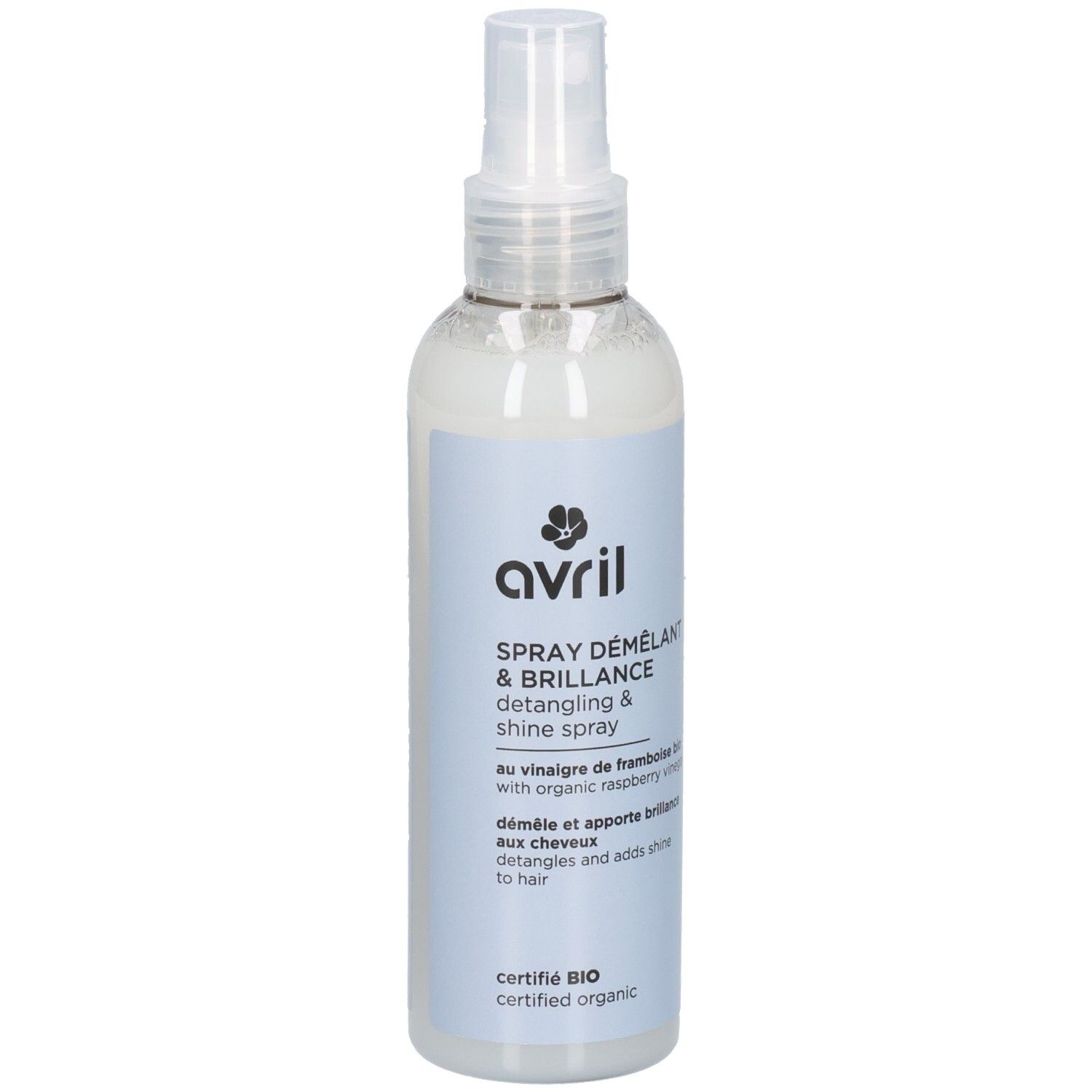 Spray Démêlant & Brillance Avril : flacon pompe, étiquette avec label Bio.