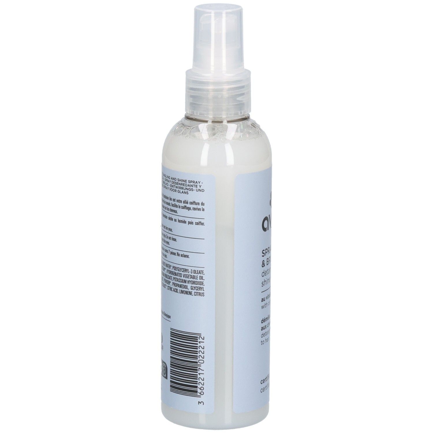 Spray Démêlant & Brillance Avril : arrière du flacon avec étiquette et code-barres.