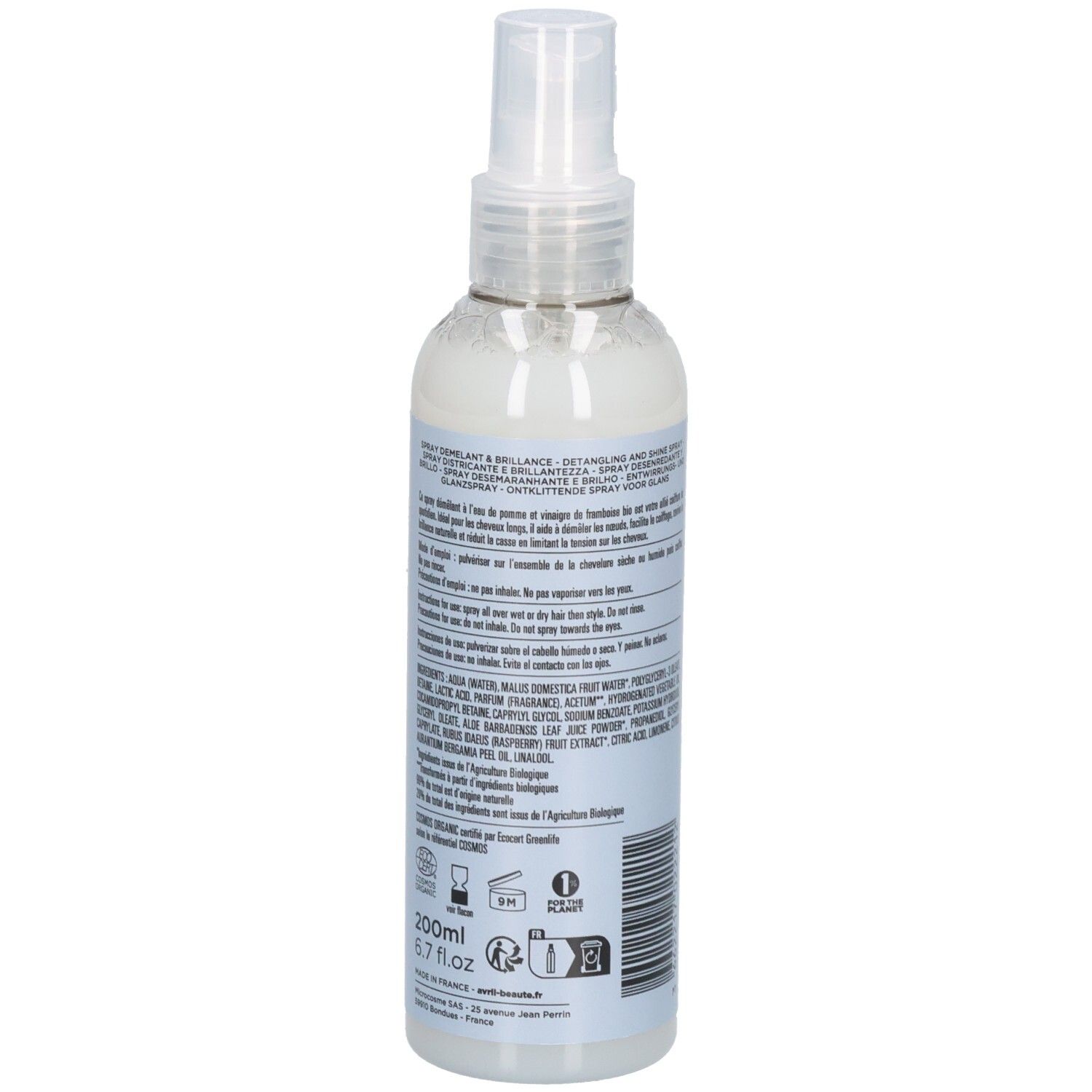 Spray Démêlant & Brillance Avril : arrière du flacon avec ingrédients et label Bio.