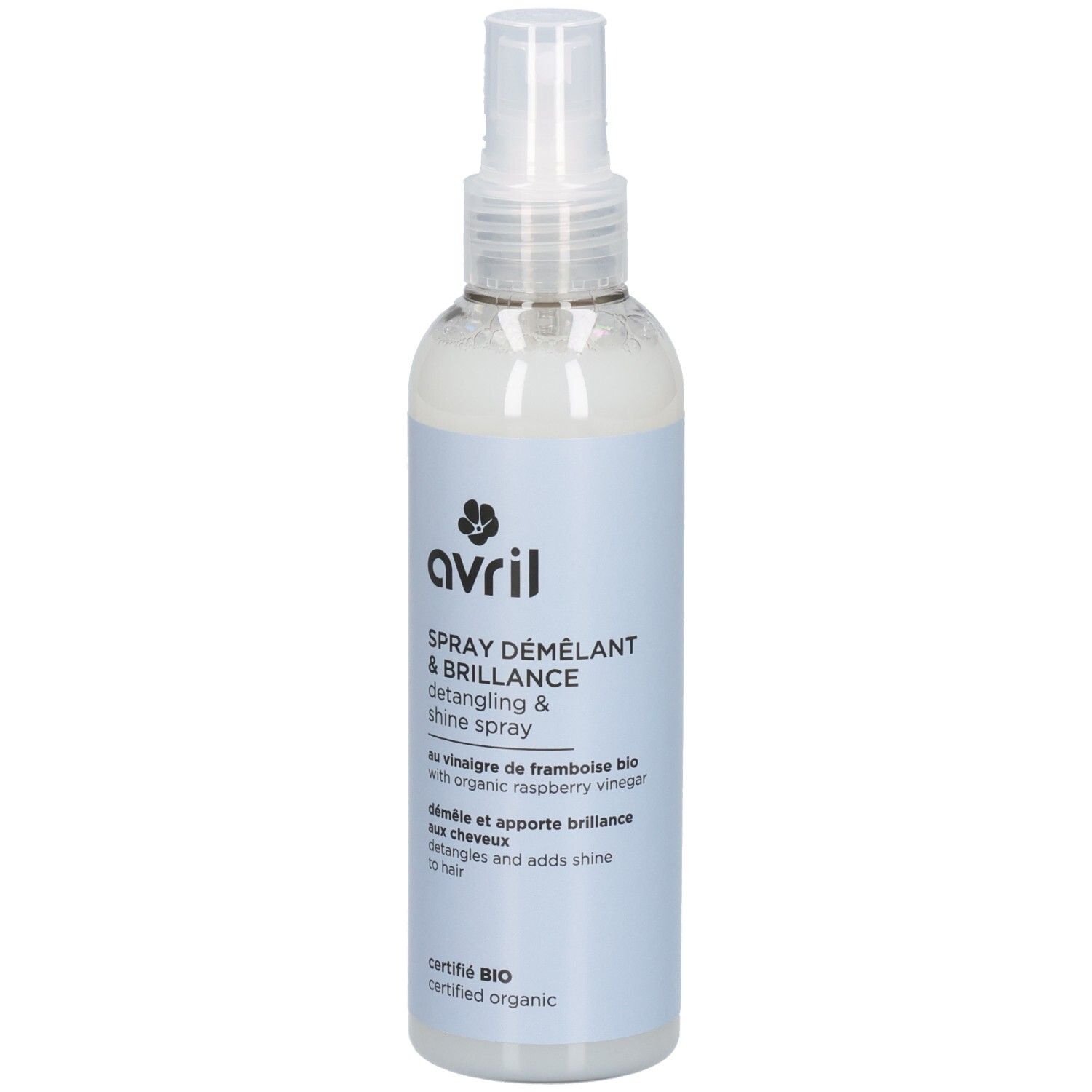 Spray Démêlant & Brillance Avril : flacon pompe, étiquette avec label Bio.