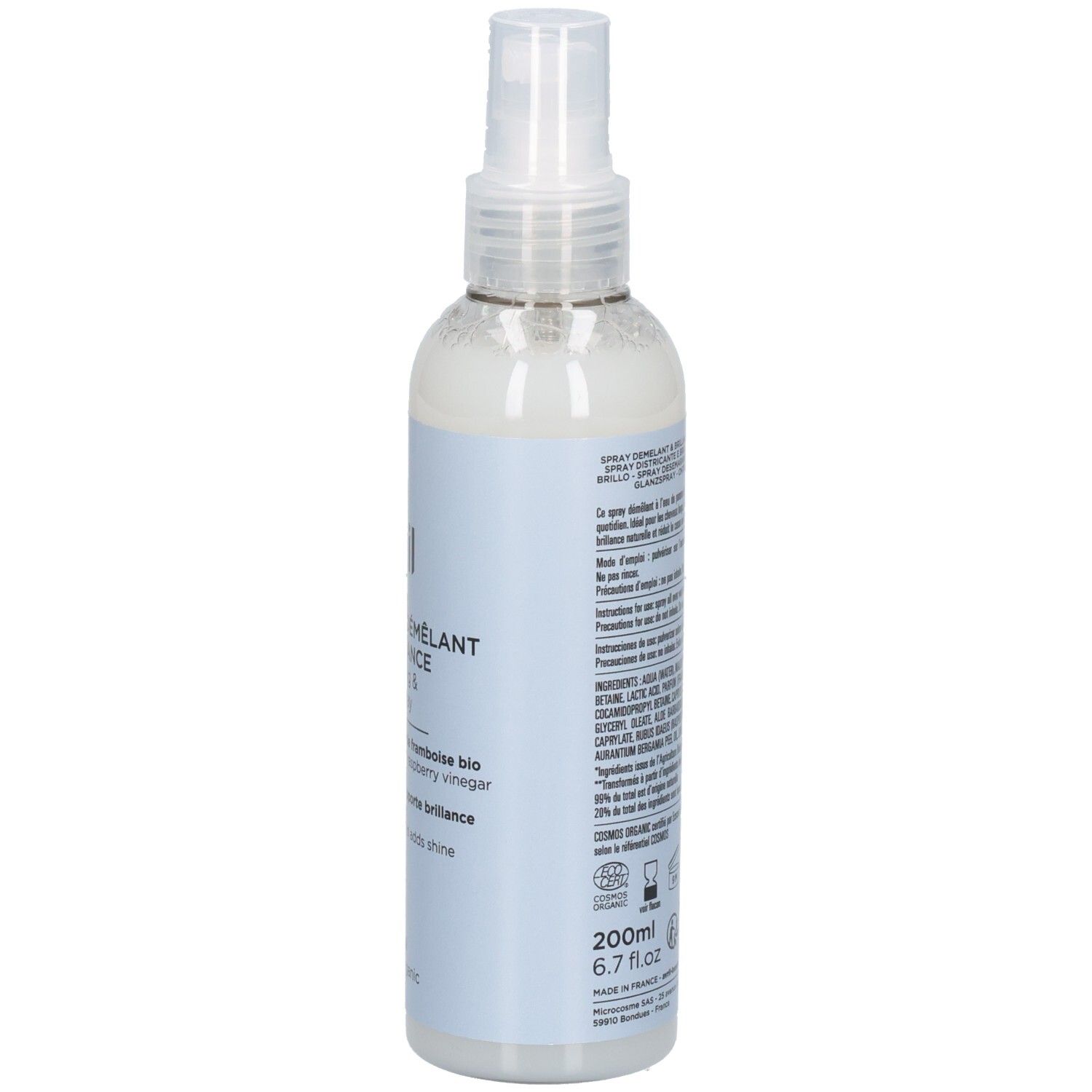 Spray Démêlant & Brillance Avril : arrière du flacon avec ingrédients et label Bio.