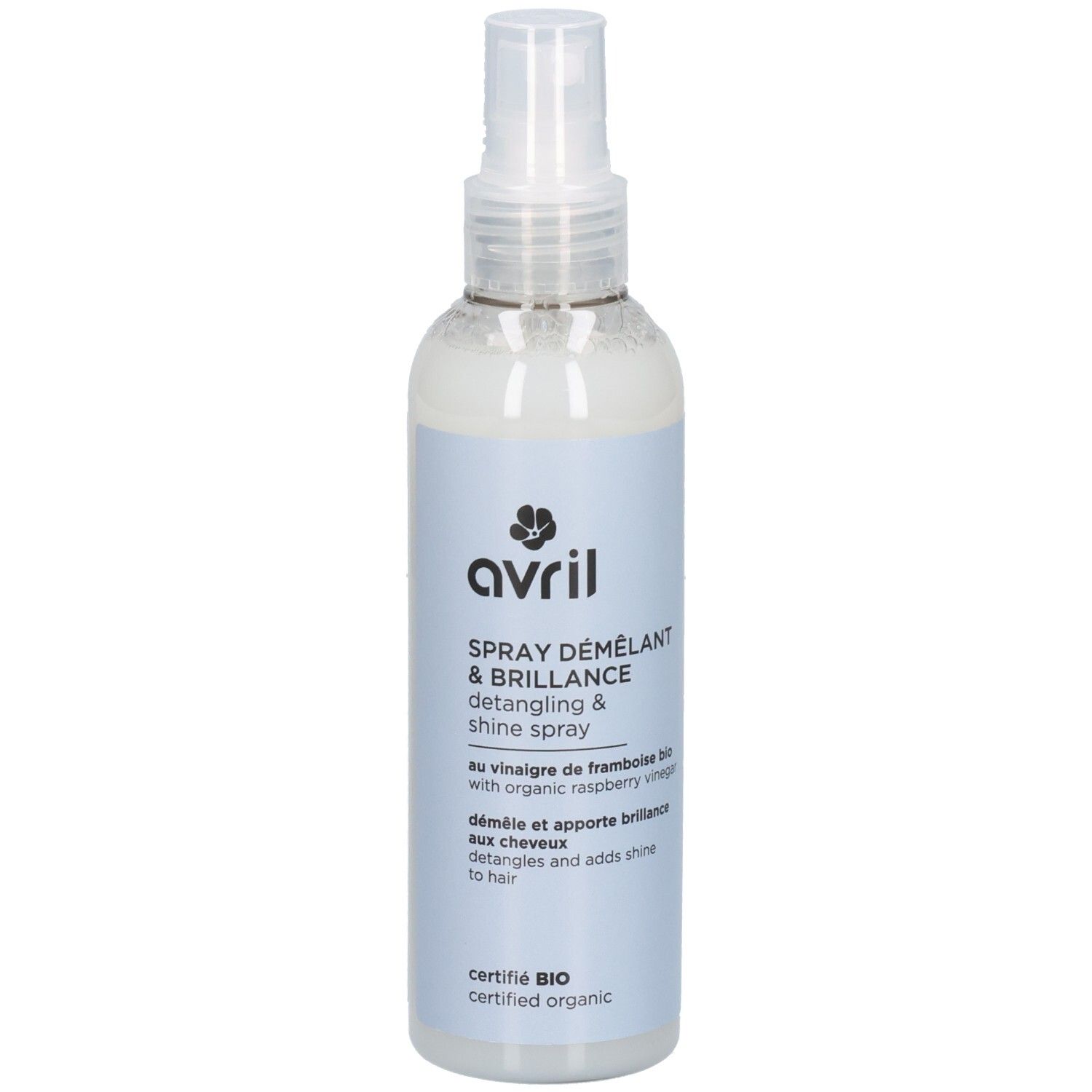 Spray Démêlant & Brillance Avril : flacon pompe, étiquette avec label Bio.