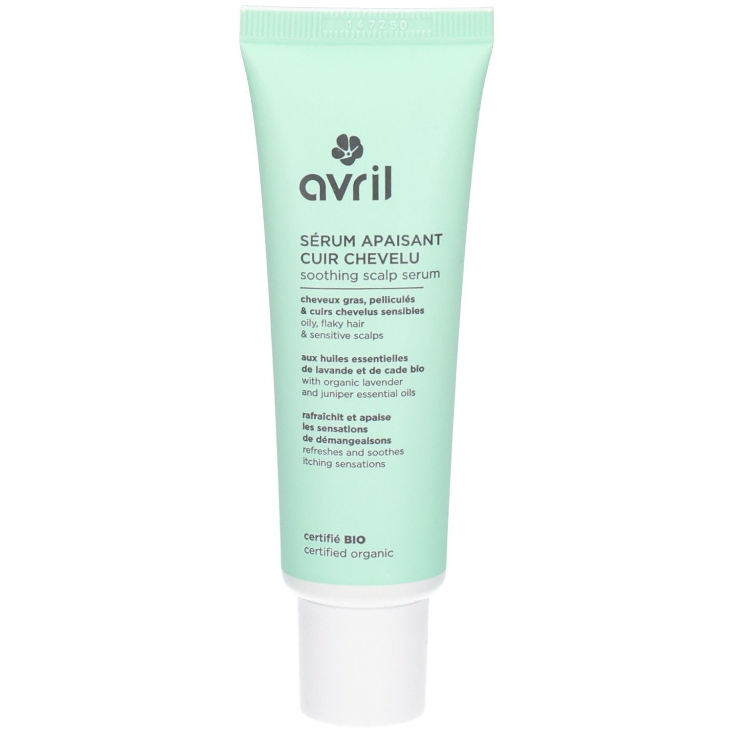 Avril Sérum Apaisant Cuir Chevelu, sérum apaisant pour cheveux gras, pelliculaires et cuir chevelu sensible. Aux huiles bio de lavande et de cade.