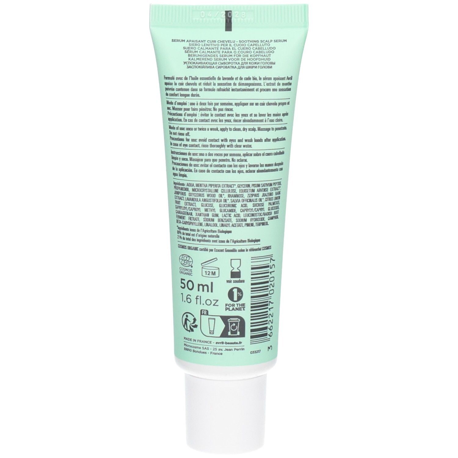Arrière du tube Avril Sérum Apaisant Cuir Chevelu. Contient 50 ml. Certifié Bio. Avec liste d'ingrédients et instructions d'utilisation.