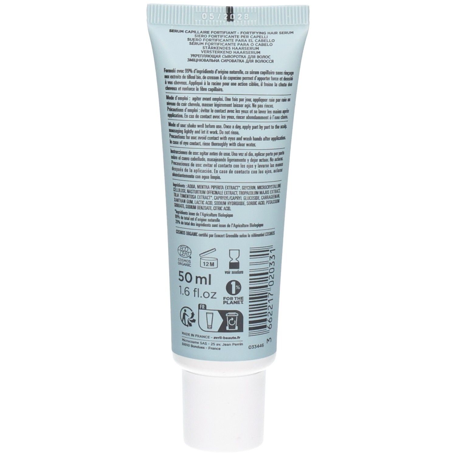 Arrière du tube Avril Sérum Fortifiant. 50 ml. Fabriqué en France.