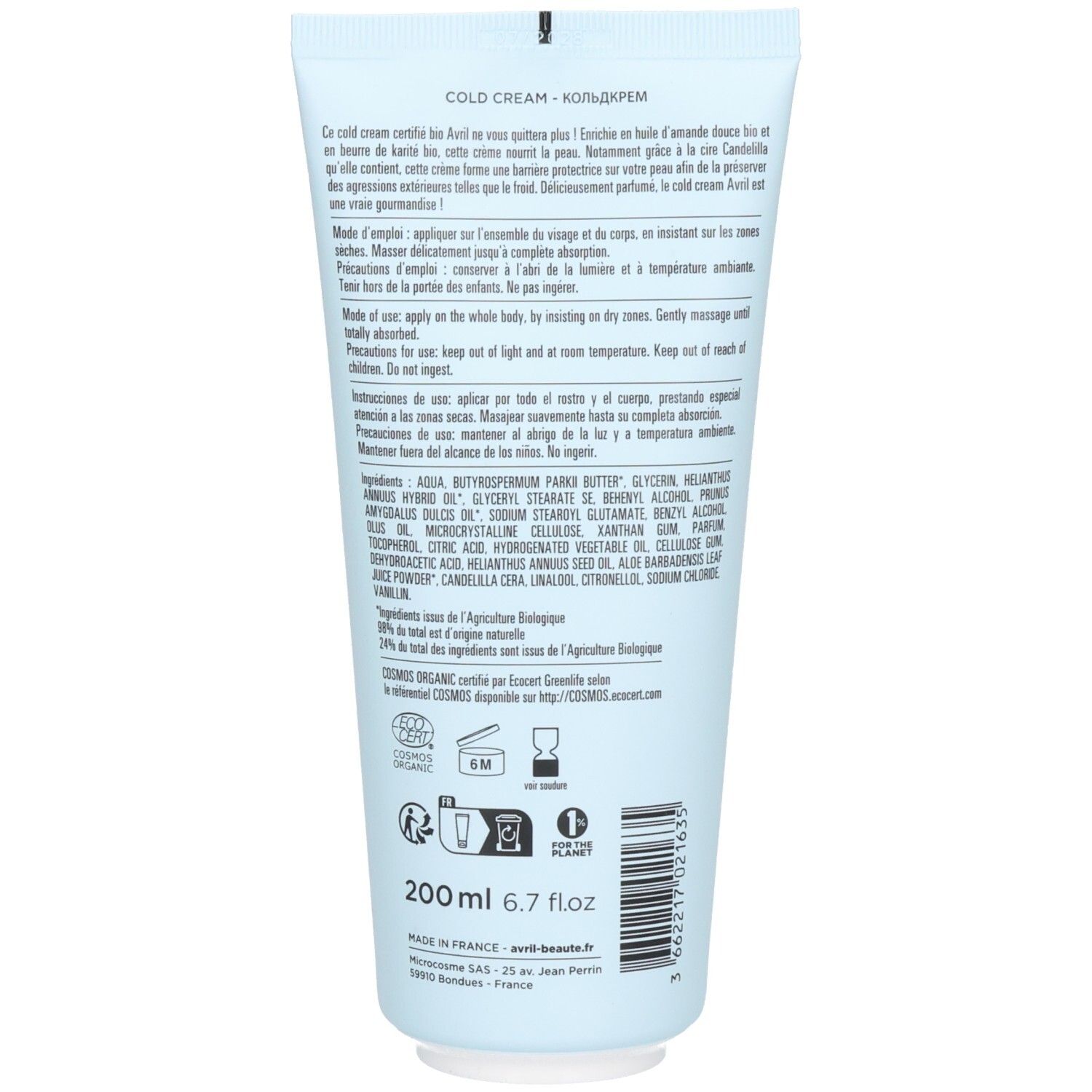 Arrière du tube Avril Cold Cream avec liste des ingrédients et certification bio.