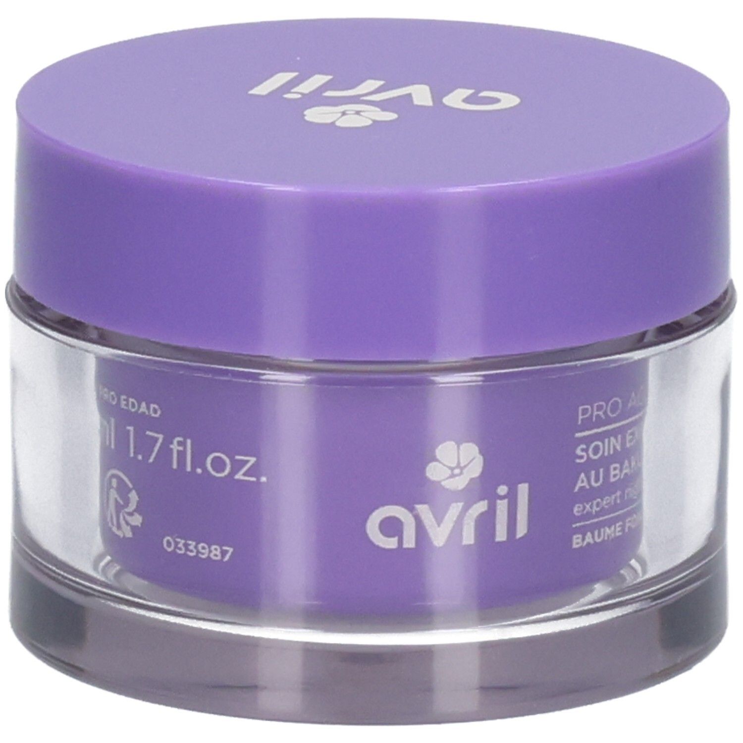 Pot violet avec couvercle transparent et logo Avril. Contient une crème de nuit.