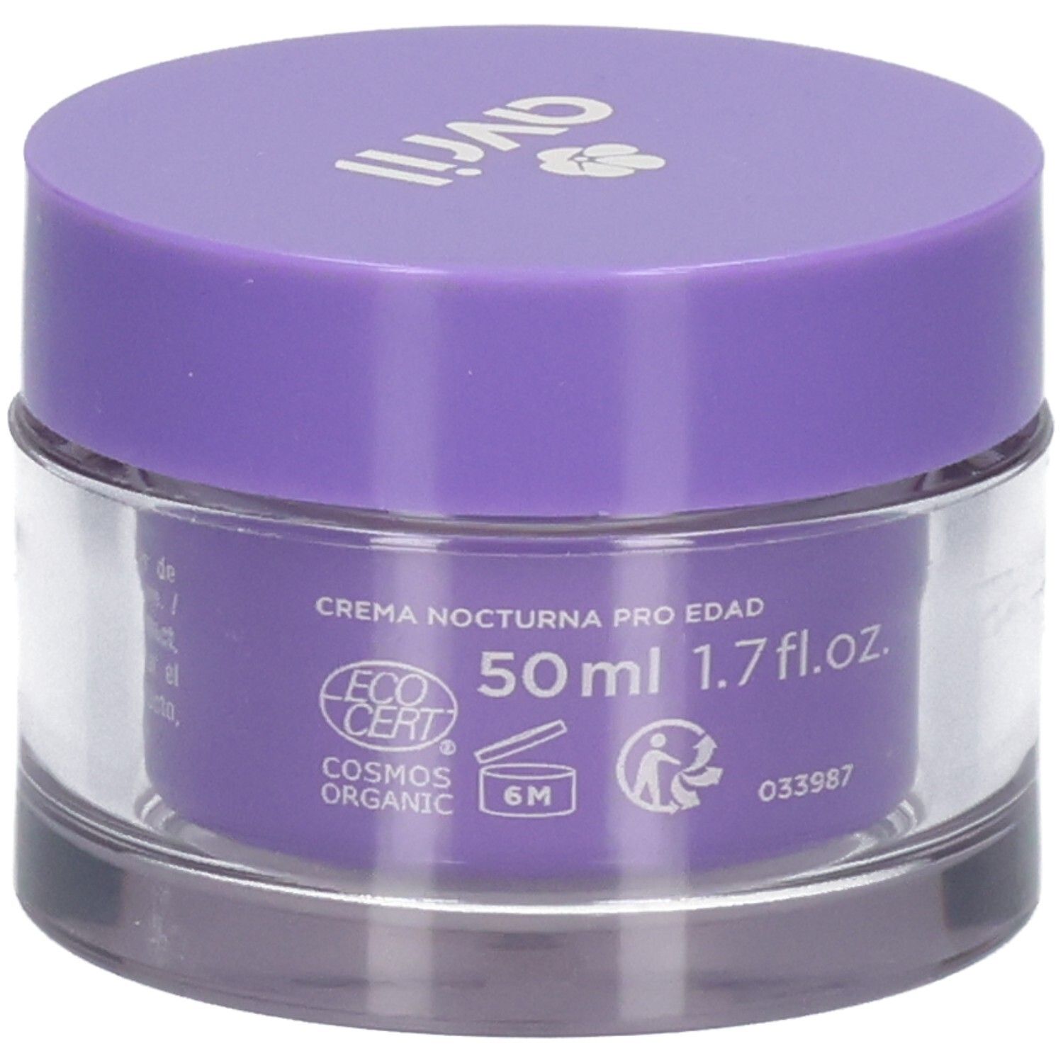 Pot violet avec couvercle transparent. Contient 50ml de crème de nuit, ECO CERT COSMOS ORGANIC.