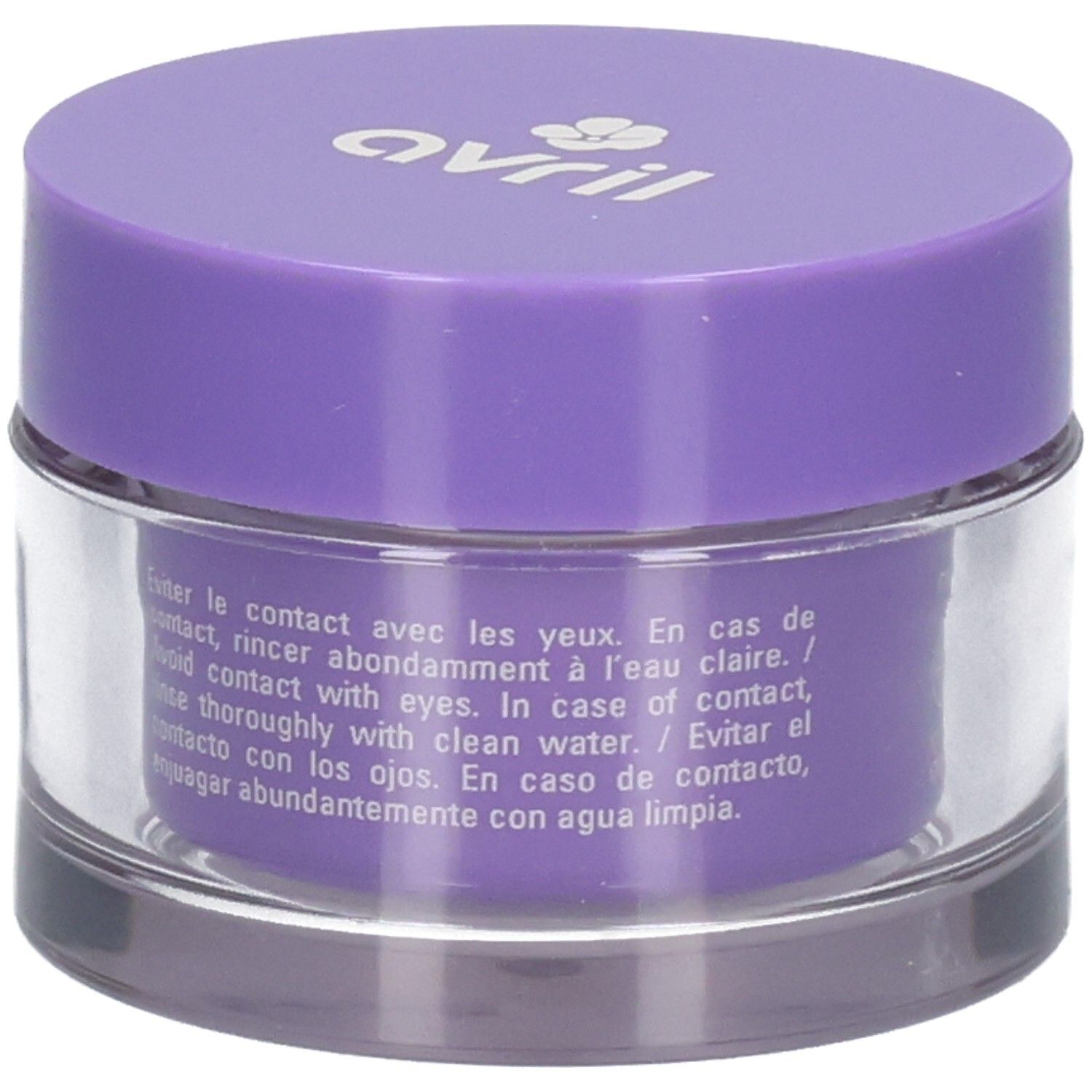 Arrière d'un pot violet avec instructions d'utilisation en plusieurs langues.