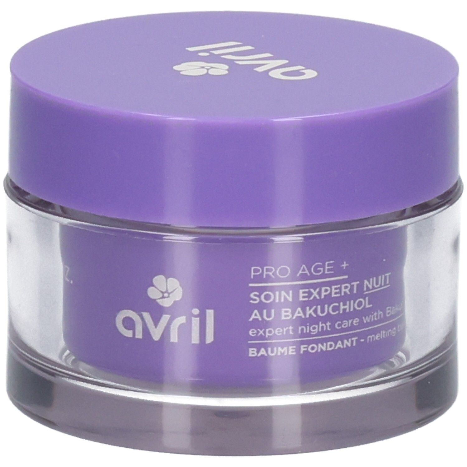 Pot violet avec couvercle transparent. Inscription : PRO AGE +, SOIN EXPERT NUIT AU BAKUCHIOL.
