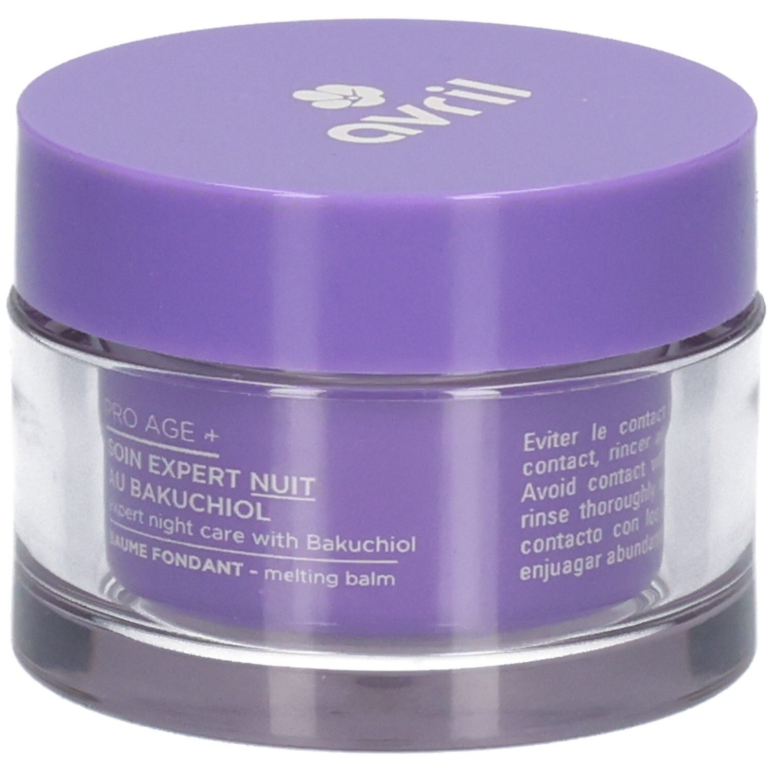 Pot violet avec couvercle transparent. Inscription : PRO AGE +, SOIN EXPERT NUIT AU BAKUCHIOL, BAUME FONDANT.