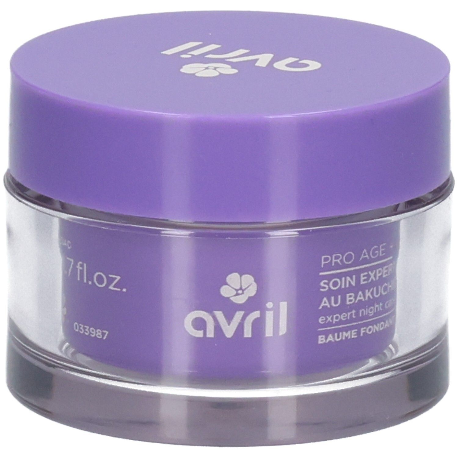 Pot violet avec couvercle transparent. Contient 1.7 fl.oz. de crème de nuit.