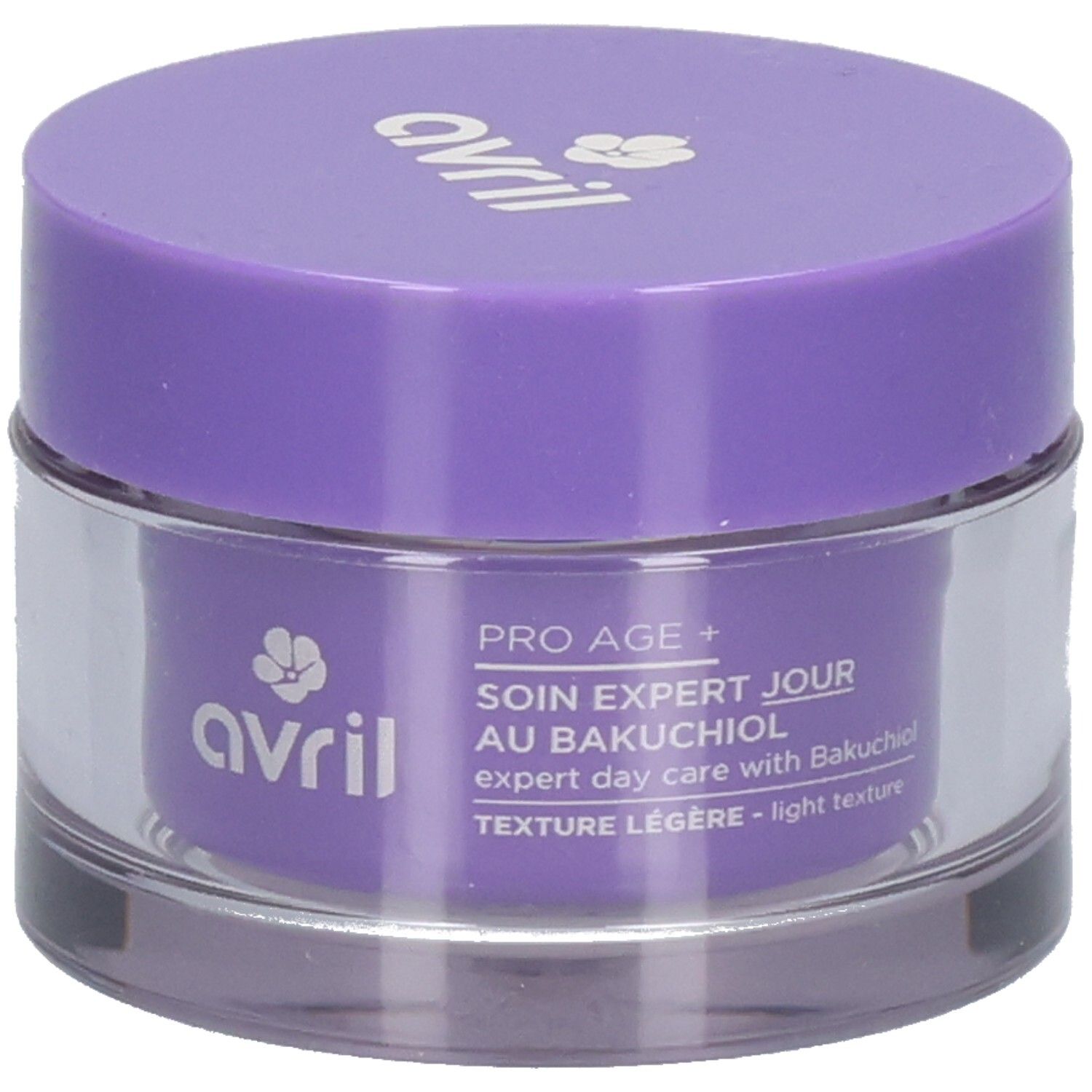 Crème de jour légère Avril PRO AGE + au Bakuchiol, texture légère, étiquette violette.