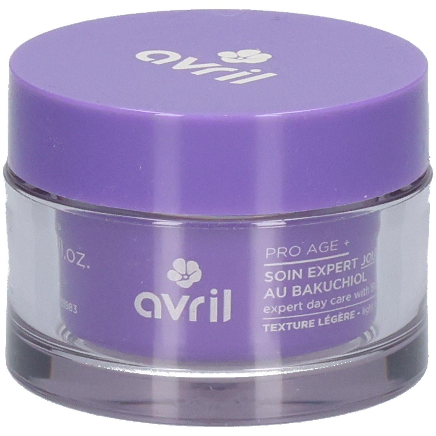 Crème de jour légère Avril PRO AGE +, étiquette violette avec informations produit.