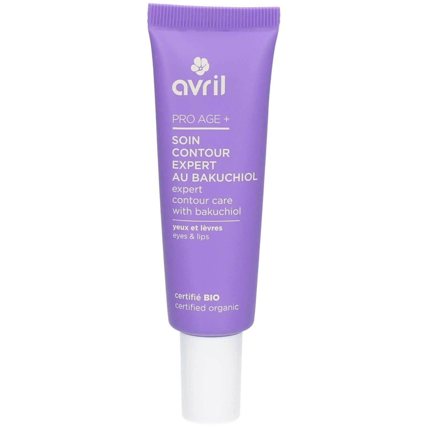 Tube violet avec bouchon à vis blanc. "Avril PRO AGE + SOIN CONTOUR EXPERT AU BAKUCHIOL EXPERT" est écrit sur le devant.