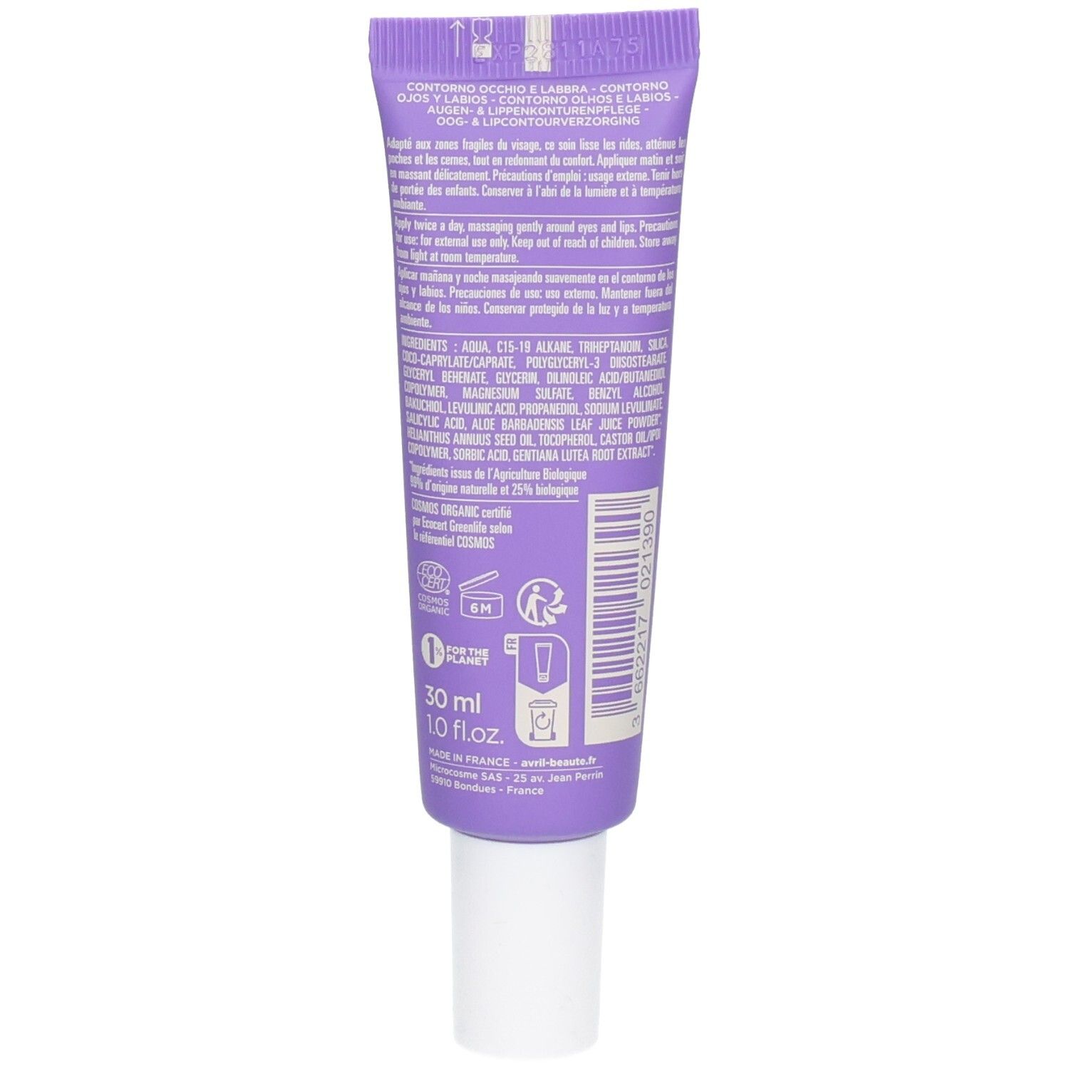 Arrière d'un tube violet avec bouchon blanc, Soin Contour Expert PRO AGE+ Avril, 30 ml, certifié bio.