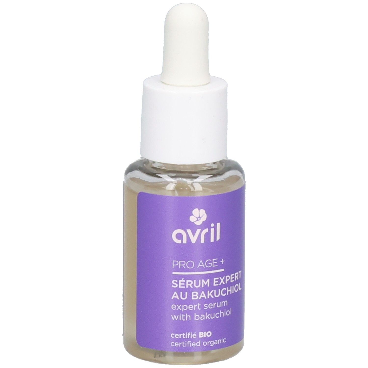 Avril Pro Age+ Sérum Expert au Bakuchiol, flacon verre 30 ml avec pipette.