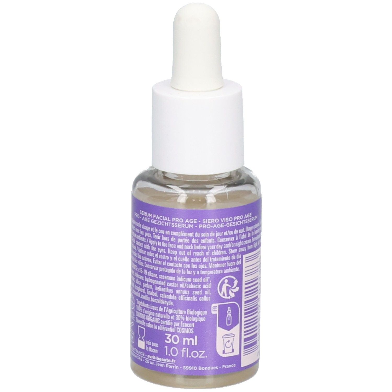 Avril Pro Age+ Sérum Expert au Bakuchiol, flacon verre 30 ml avec pipette, verso.