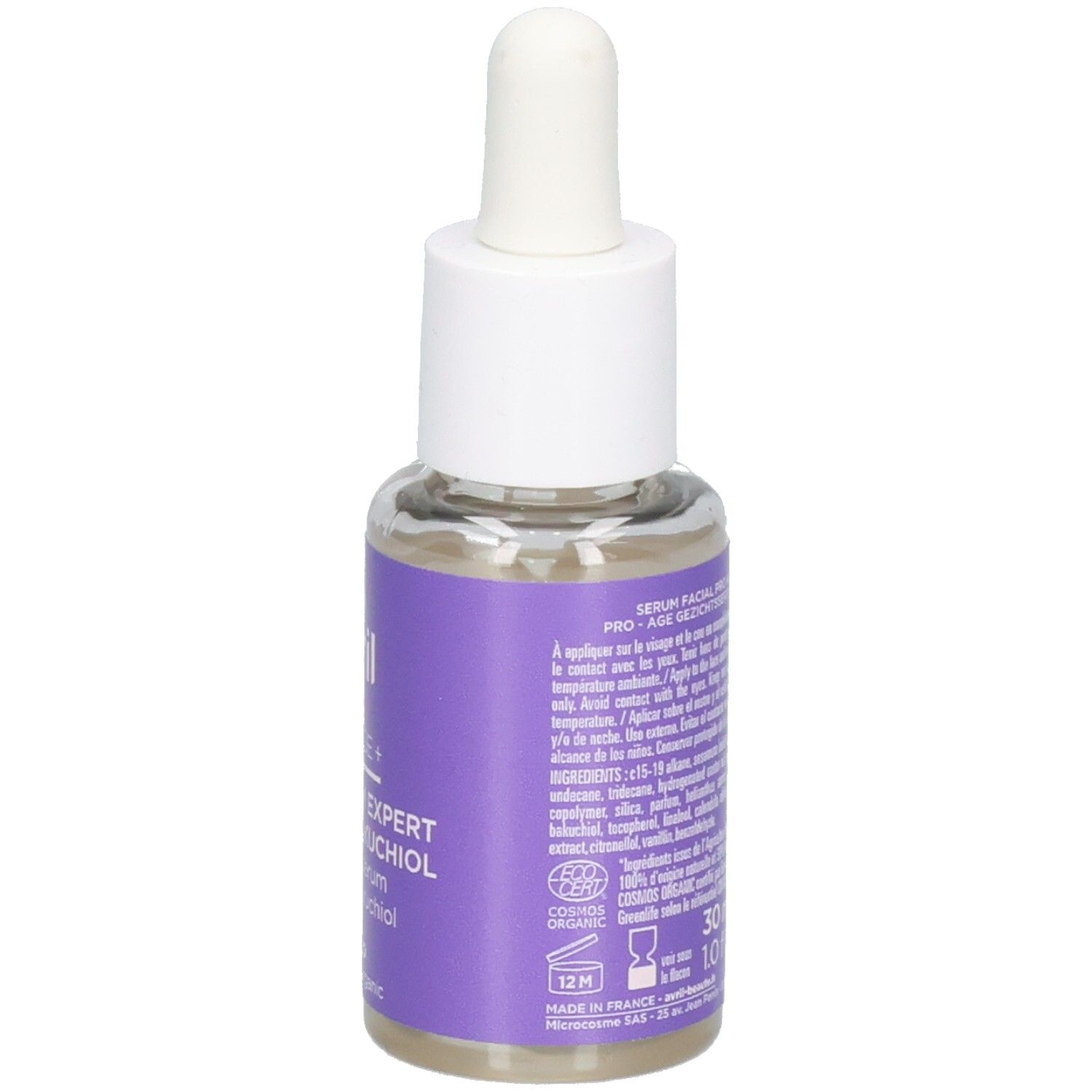 Avril Pro Age+ Sérum Expert au Bakuchiol, flacon verre 30 ml avec pipette, côté.