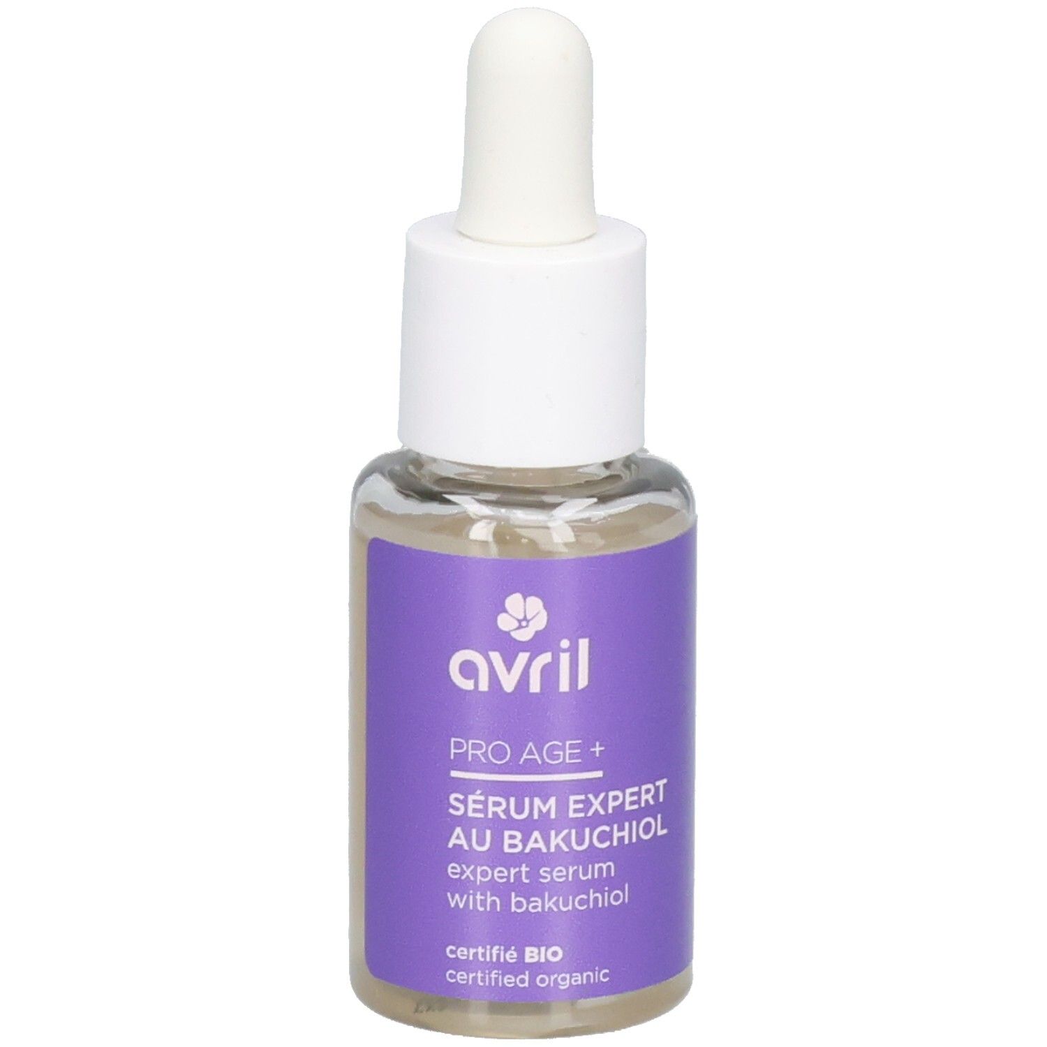 Avril Pro Age+ Sérum Expert au Bakuchiol, flacon verre 30 ml avec pipette.