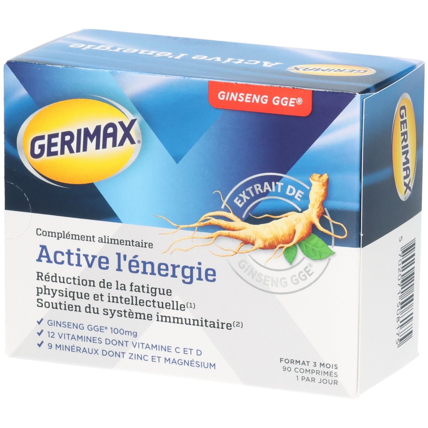 Boîte Gerimax Active Energie avec extrait de ginseng, vitamines et minéraux.