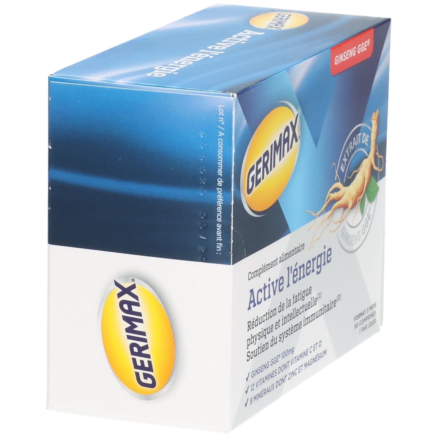 Boîte Gerimax Active Energie, face avant avec nom de marque et racine de ginseng.