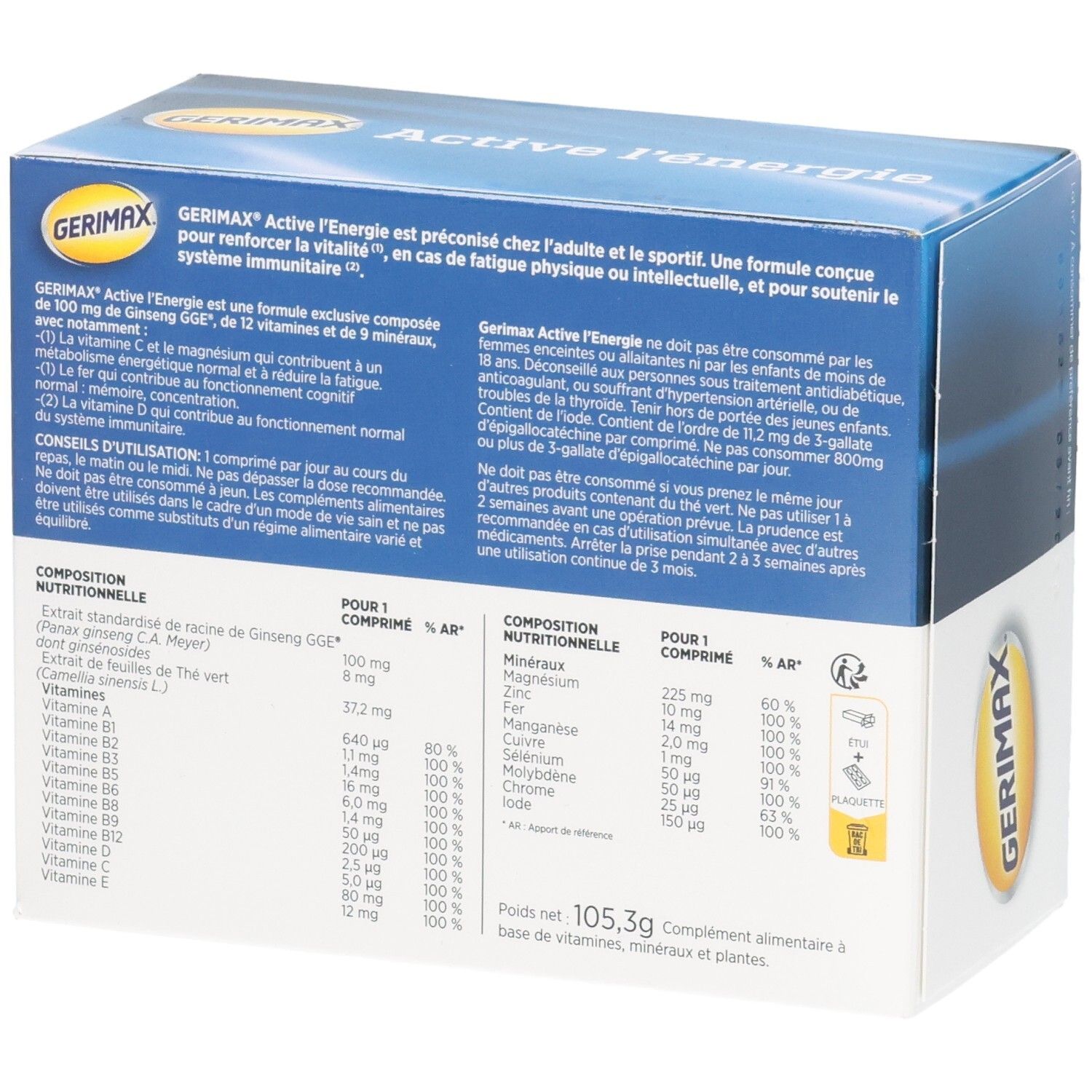 Arrière de la boîte Gerimax Active Energie avec informations nutritionnelles et ingrédients.