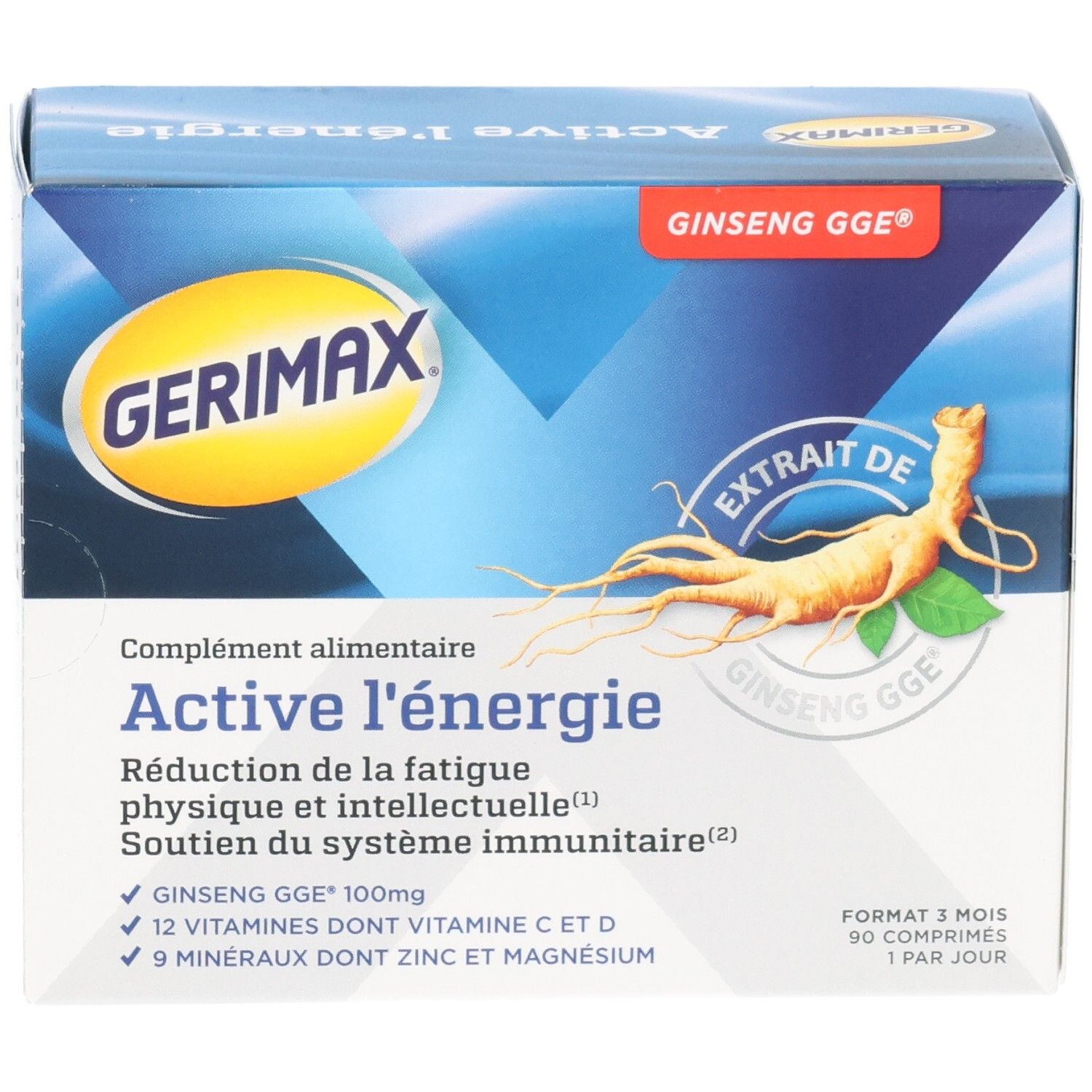 Boîte Gerimax Active Energie avec extrait de ginseng, vitamines et minéraux.