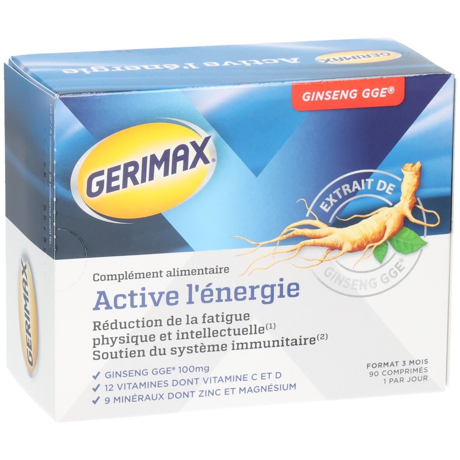 Boîte Gerimax Active Energie avec extrait de ginseng, vitamines et minéraux.