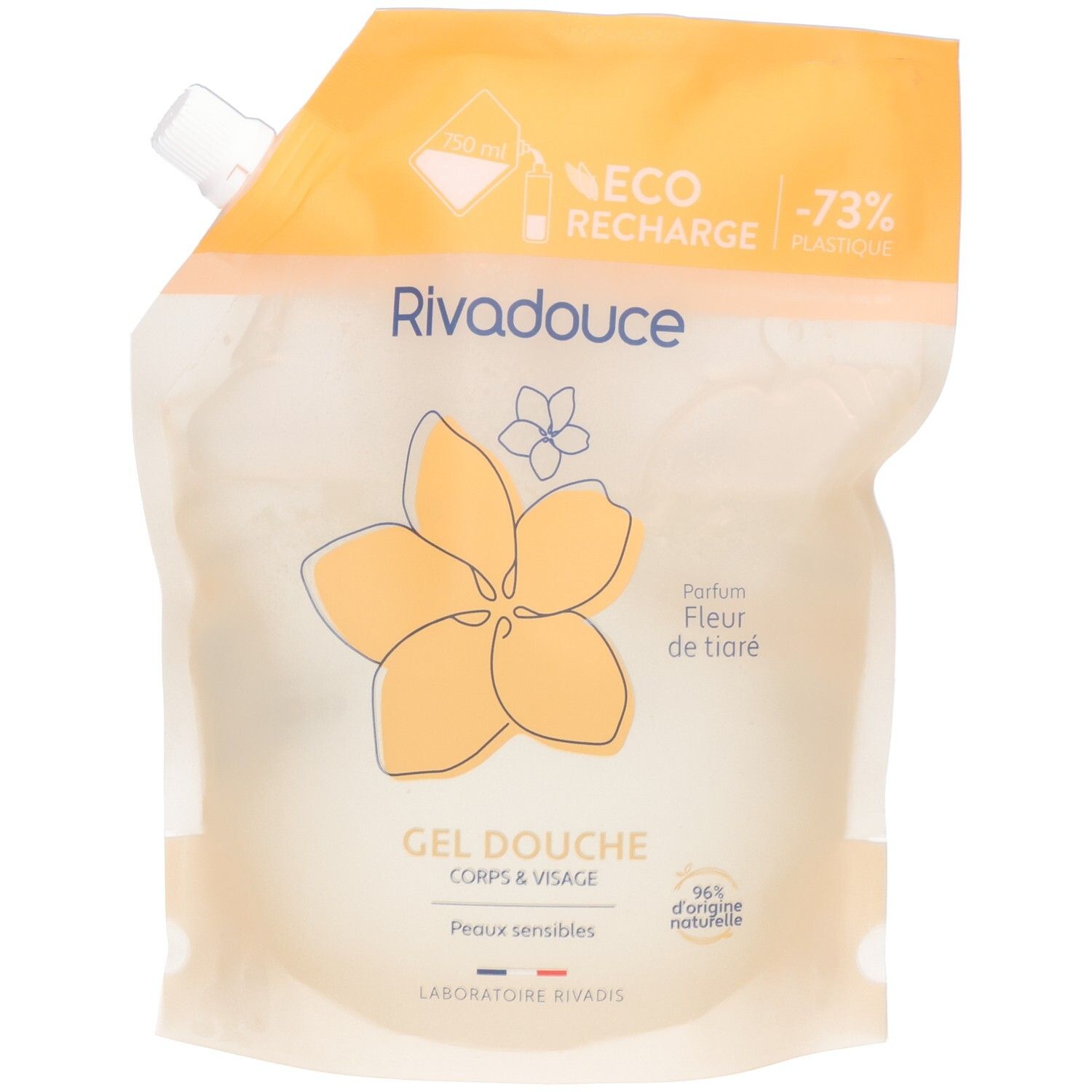 Rivadouce recharge éco de gel douche parfum Fleur de tiaré. 73% de plastique en moins.