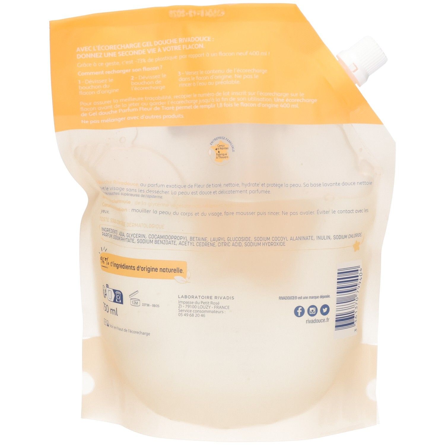 Arrière du sac Rivadouce gel douche recharge. Ingrédients et instructions en français.