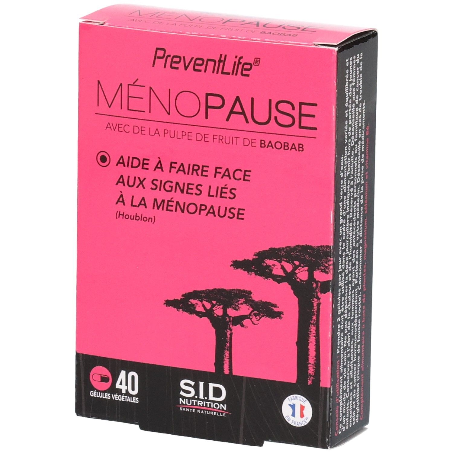 Boîte de 40 gélules végétales pour soulager les symptômes de la ménopause.