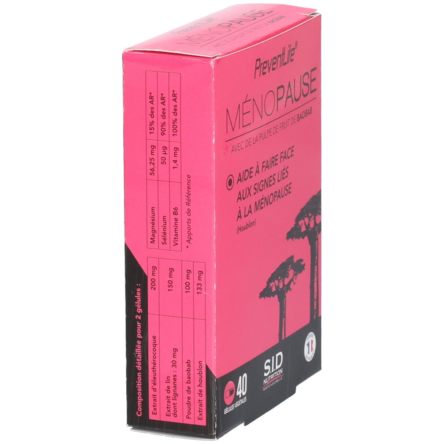 Vue latérale de la boîte avec informations nutritionnelles et ingrédients.