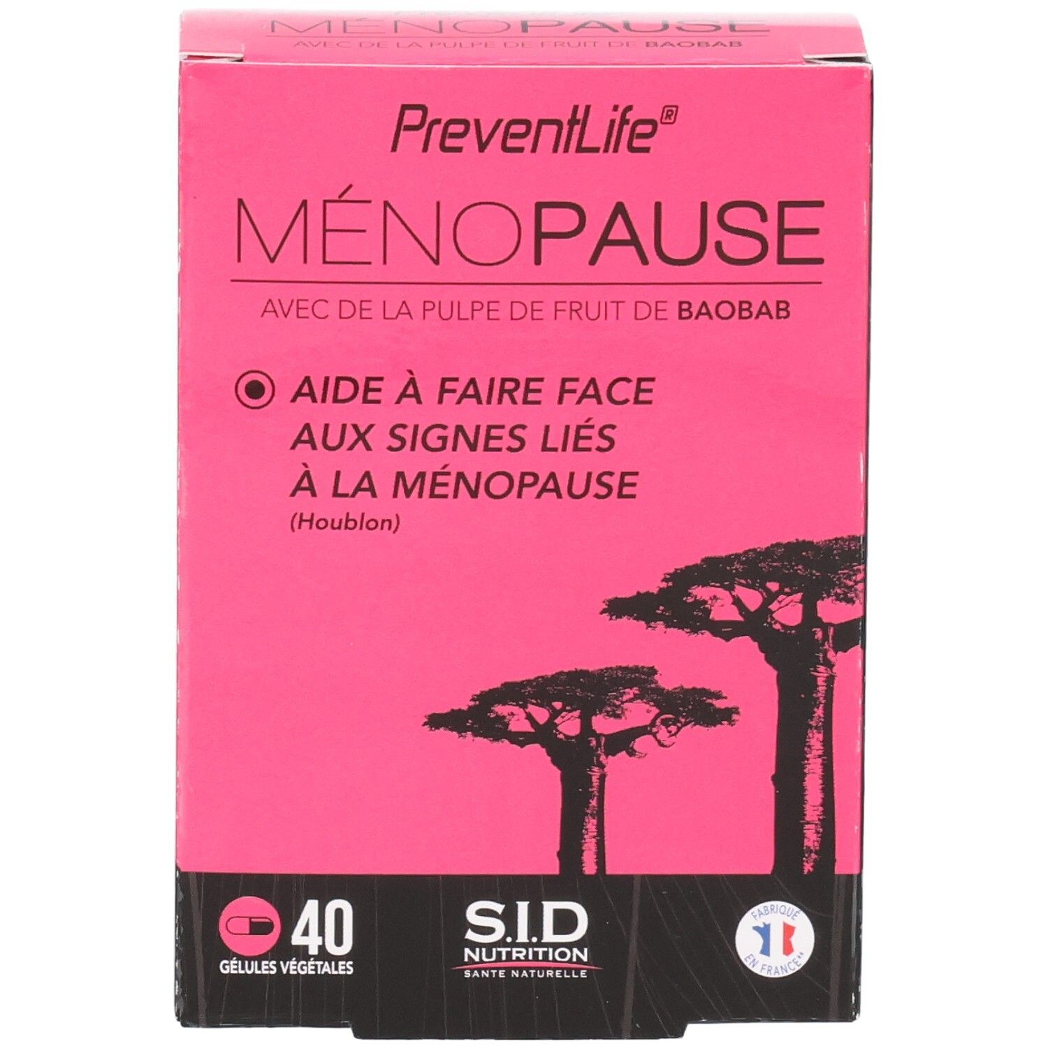 Face avant de la boîte avec nom du produit et illustration d'arbres de baobab.
