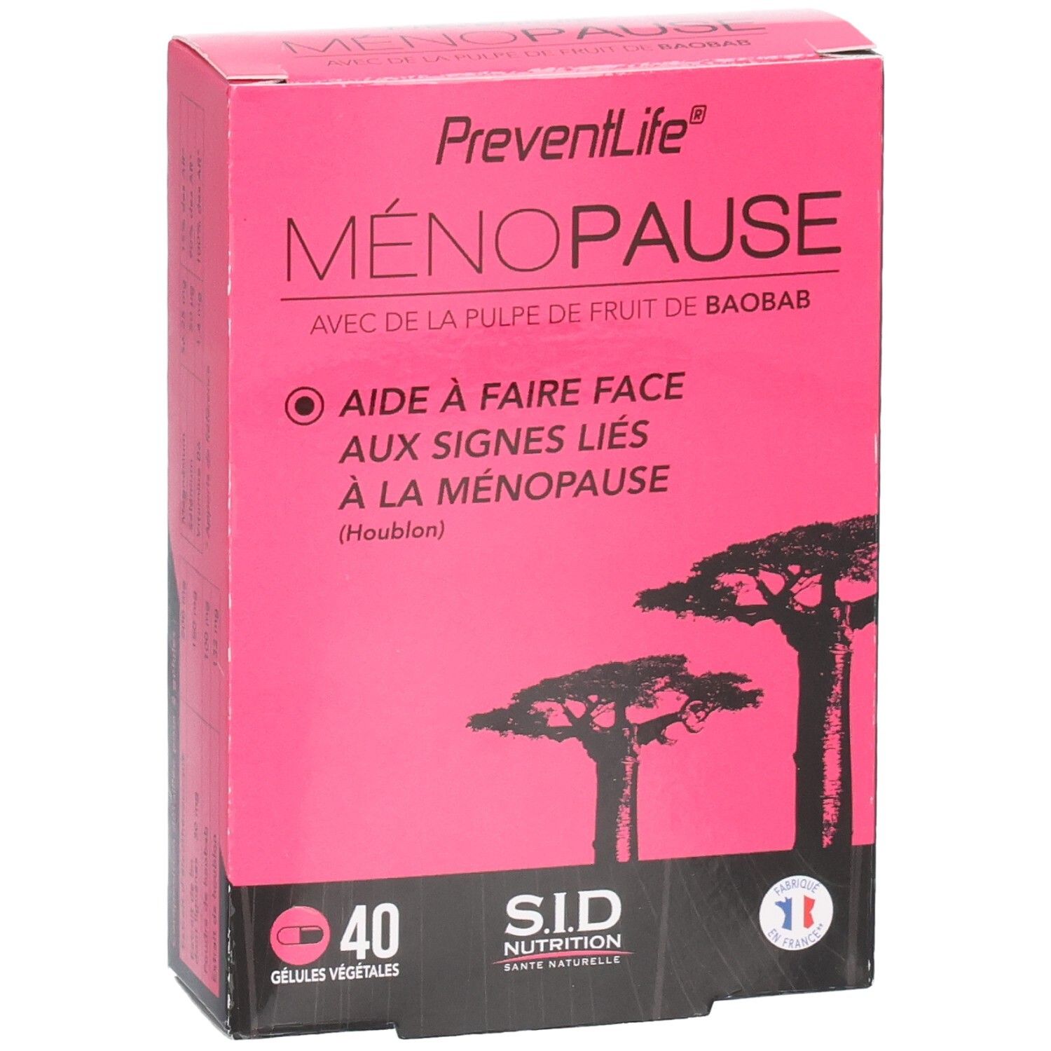 Face avant de la boîte avec nom du produit et illustration d'arbres de baobab.