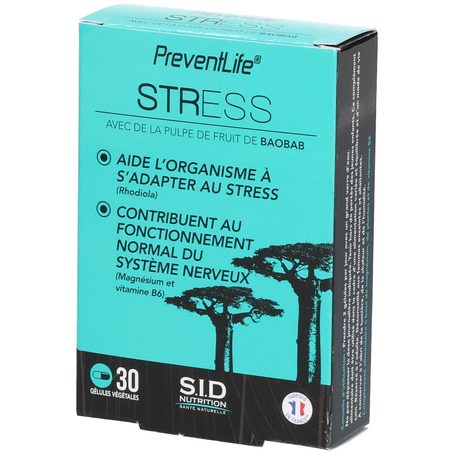 Boîte de PreventLife Stress, 30 gélules végétales, pulpe de fruit de baobab, magnésium et vitamine B6.