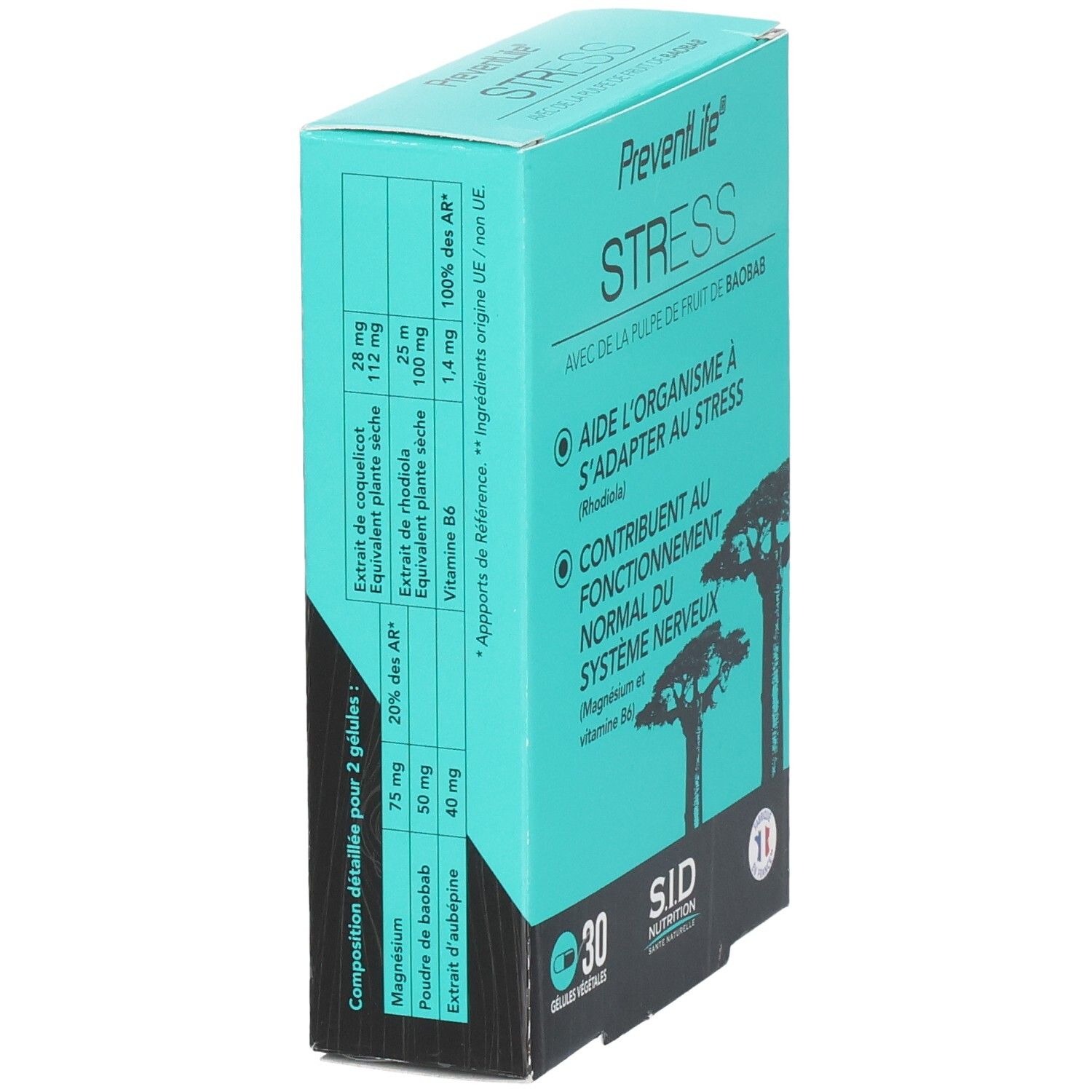 Arrière de la boîte PreventLife Stress avec composition détaillée et ingrédients.