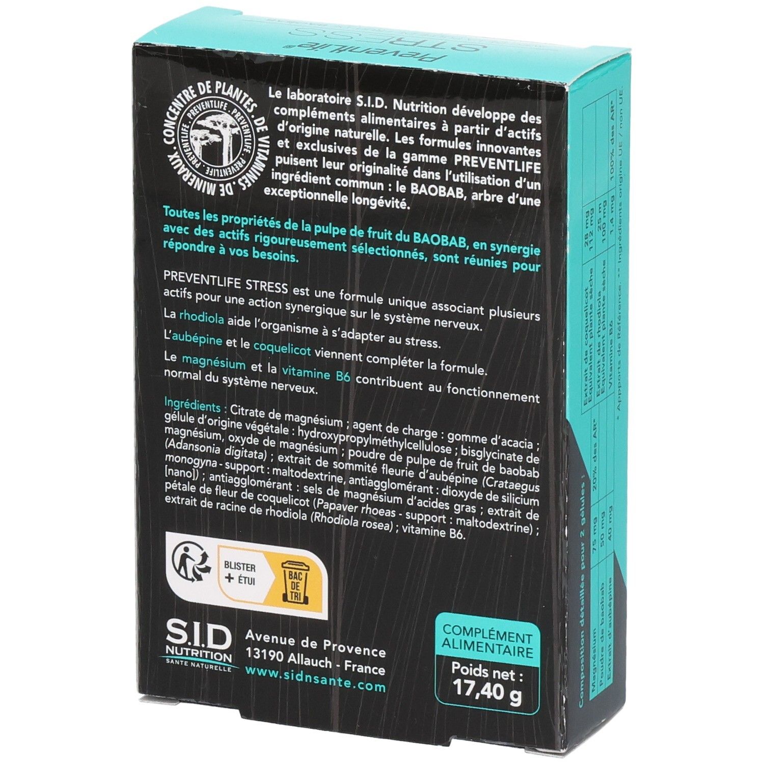 Vue latérale de la boîte PreventLife Stress avec conseils d'utilisation et informations produit.