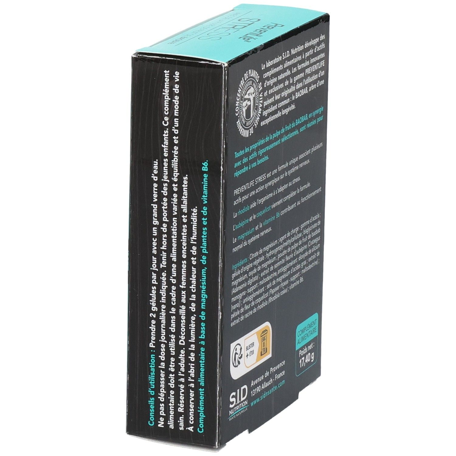 Vue latérale de la boîte PreventLife Stress avec conseils d'utilisation et informations produit.