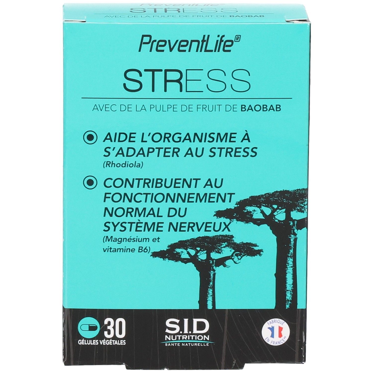 Face avant de la boîte PreventLife Stress avec pulpe de fruit de baobab, magnésium et vitamine B6.