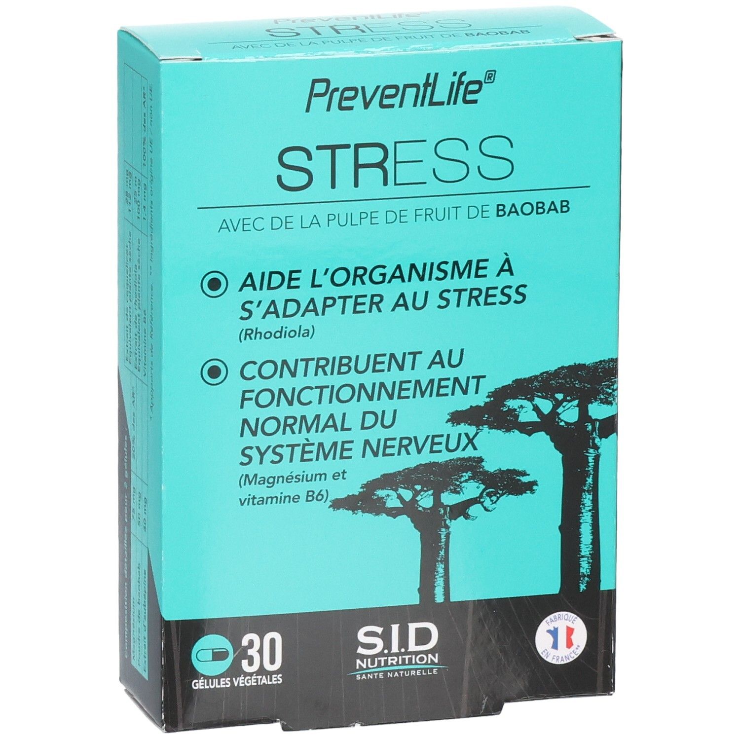 Face avant de la boîte PreventLife Stress avec pulpe de fruit de baobab, magnésium et vitamine B6.